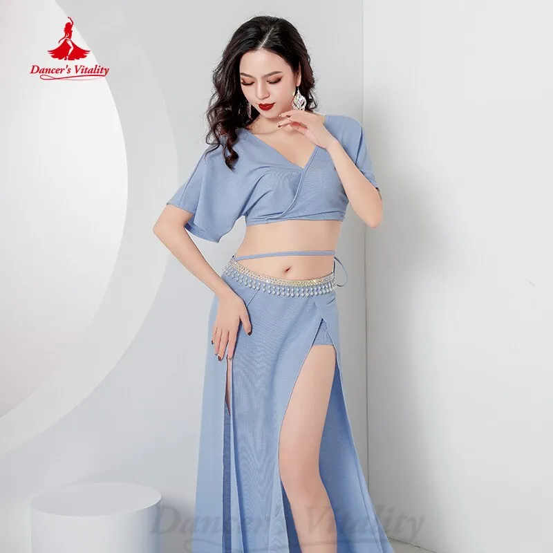 Belly Dance Practice Clothes Girl's Short Sleeves Top split Long Skirt 2pcs Oriental Cotton Group Suit Belly Dancing Wear Outfit
