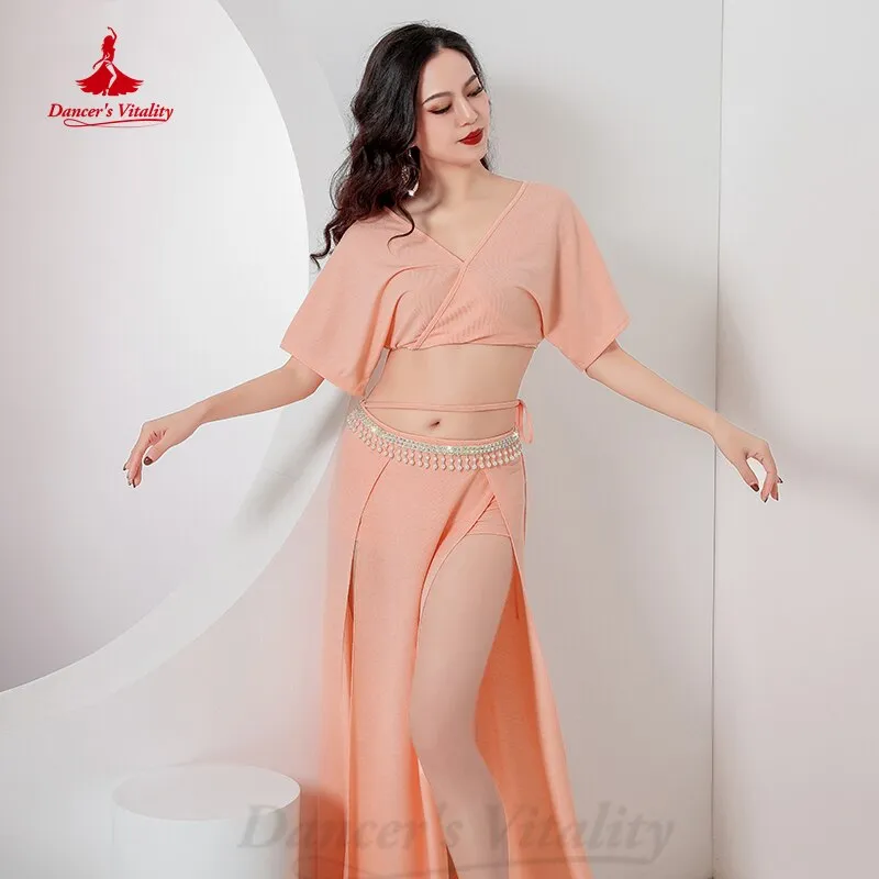 Belly Dance Practice Clothes Girl's Short Sleeves Top split Long Skirt 2pcs Oriental Cotton Group Suit Belly Dancing Wear Outfit