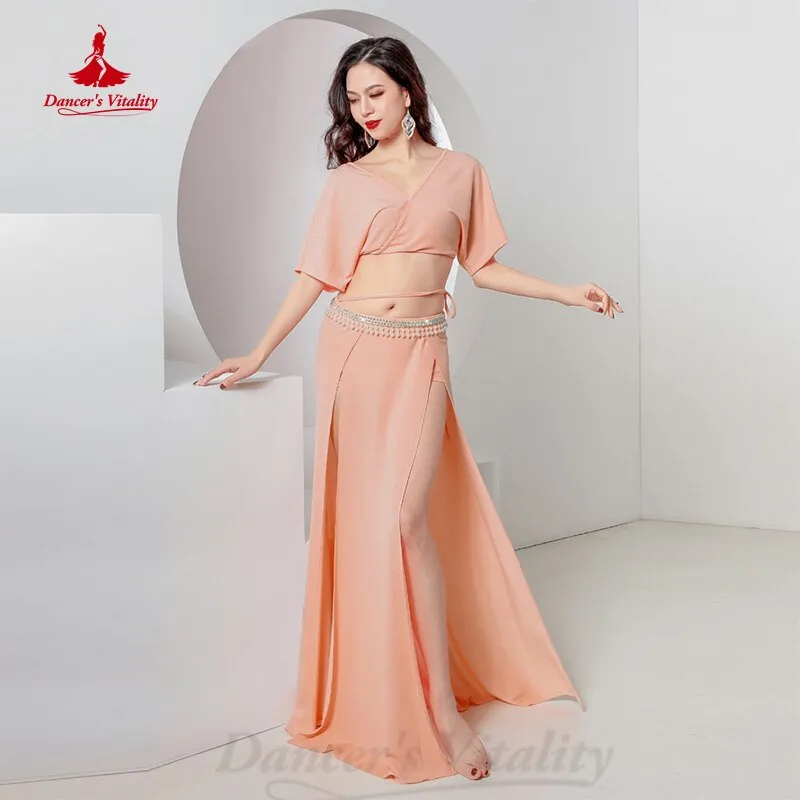 Belly Dance Practice Clothes Girl's Short Sleeves Top split Long Skirt 2pcs Oriental Cotton Group Suit Belly Dancing Wear Outfit