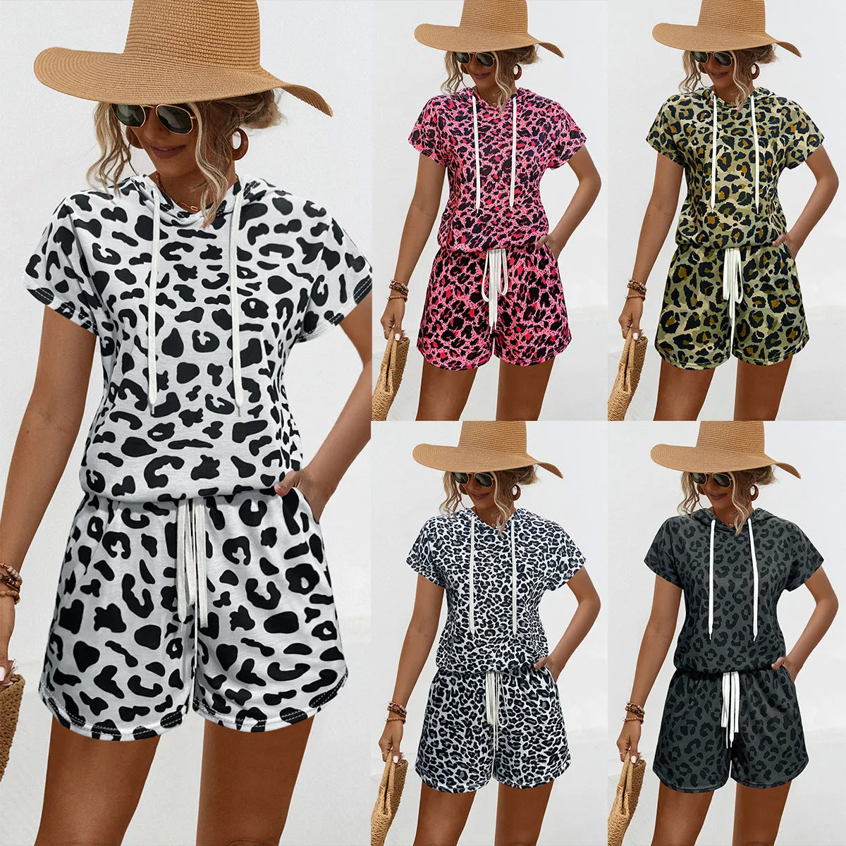 Casual Hooded Leopard Print Two Piece Suit Wholesale Womens Clothing N3824050700101