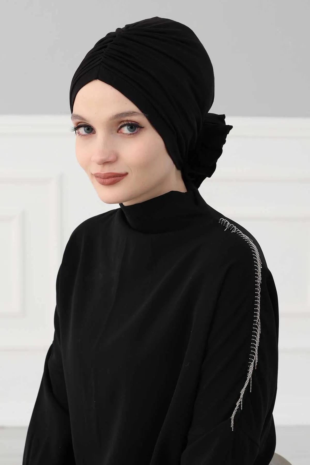Chic Rose Accent Instant Turban Hijab for Women, Cotton Scarf Chemo Head Wrap, Plain Bonnet Cap with a Beautiful Big Handmade Rose,B-21