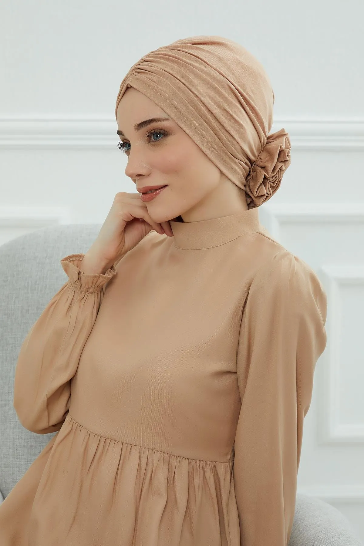 Chic Rose Accent Instant Turban Hijab for Women, Cotton Scarf Chemo Head Wrap, Plain Bonnet Cap with a Beautiful Big Handmade Rose,B-21