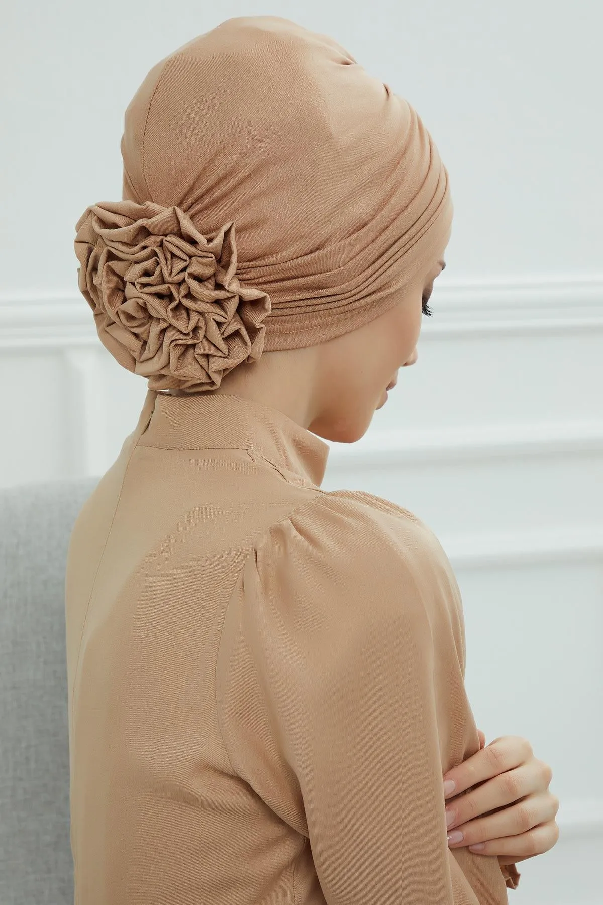 Chic Rose Accent Instant Turban Hijab for Women, Cotton Scarf Chemo Head Wrap, Plain Bonnet Cap with a Beautiful Big Handmade Rose,B-21