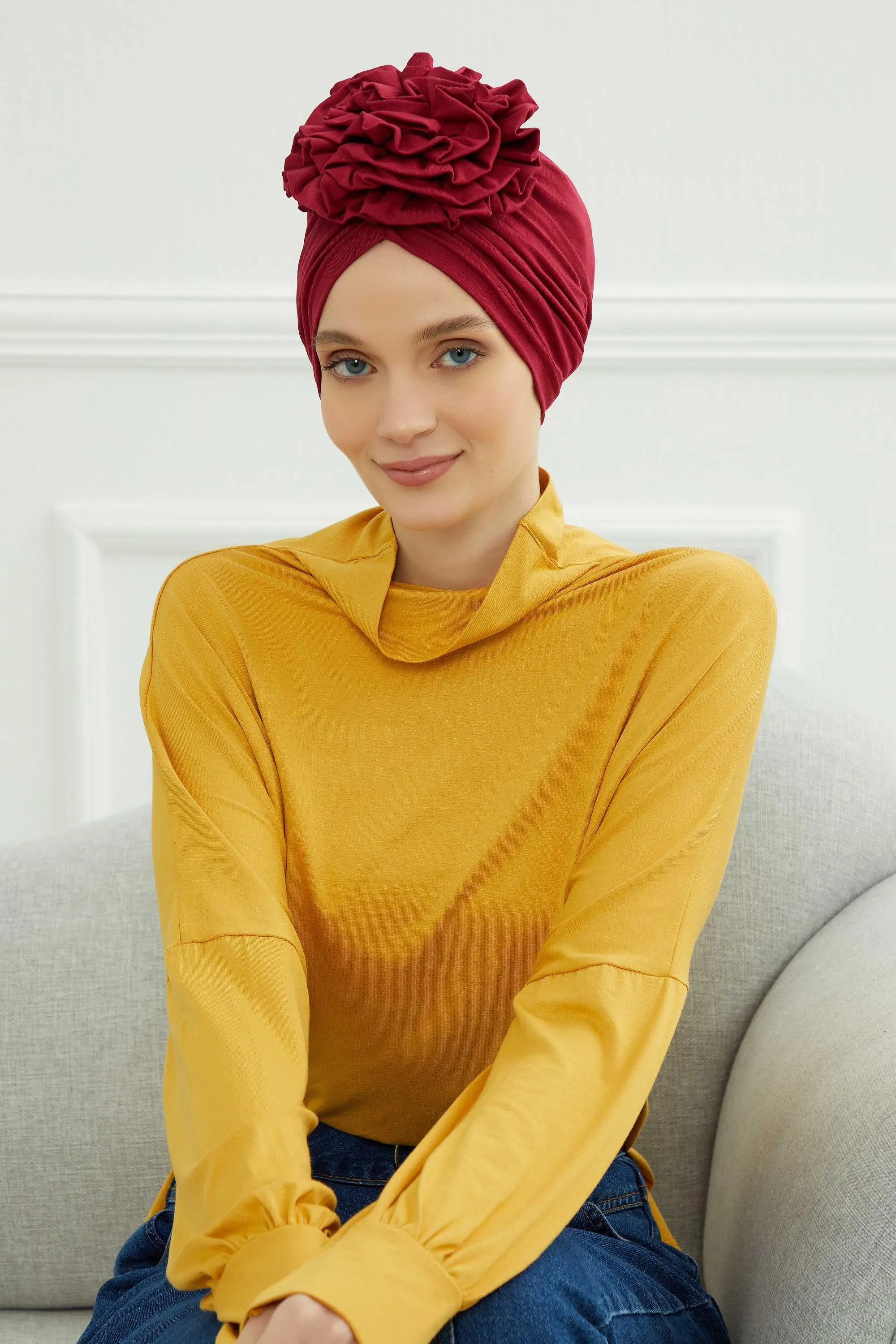 Chic Rose Accent Instant Turban Hijab for Women, Cotton Scarf Chemo Head Wrap, Plain Bonnet Cap with a Beautiful Big Handmade Rose,B-21