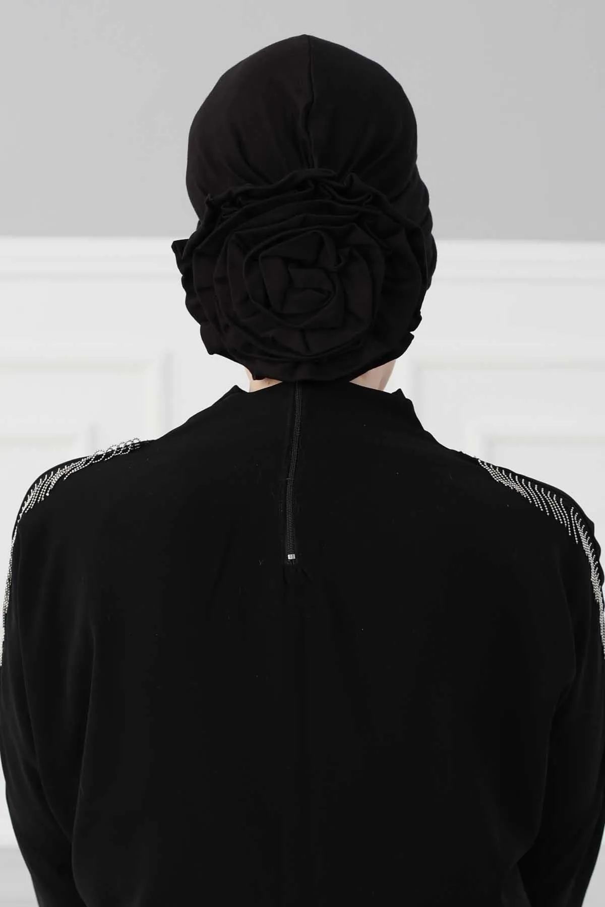 Chic Rose Accent Instant Turban Hijab for Women, Cotton Scarf Chemo Head Wrap, Plain Bonnet Cap with a Beautiful Big Handmade Rose,B-21