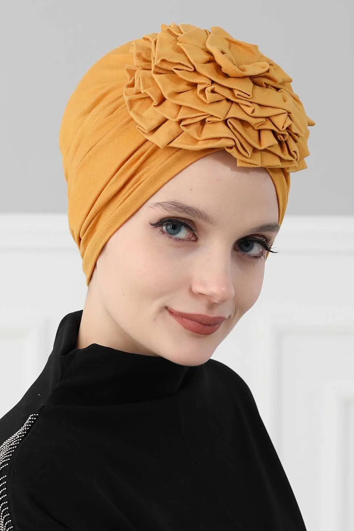 Chic Rose Accent Instant Turban Hijab for Women, Cotton Scarf Chemo Head Wrap, Plain Bonnet Cap with a Beautiful Big Handmade Rose,B-21