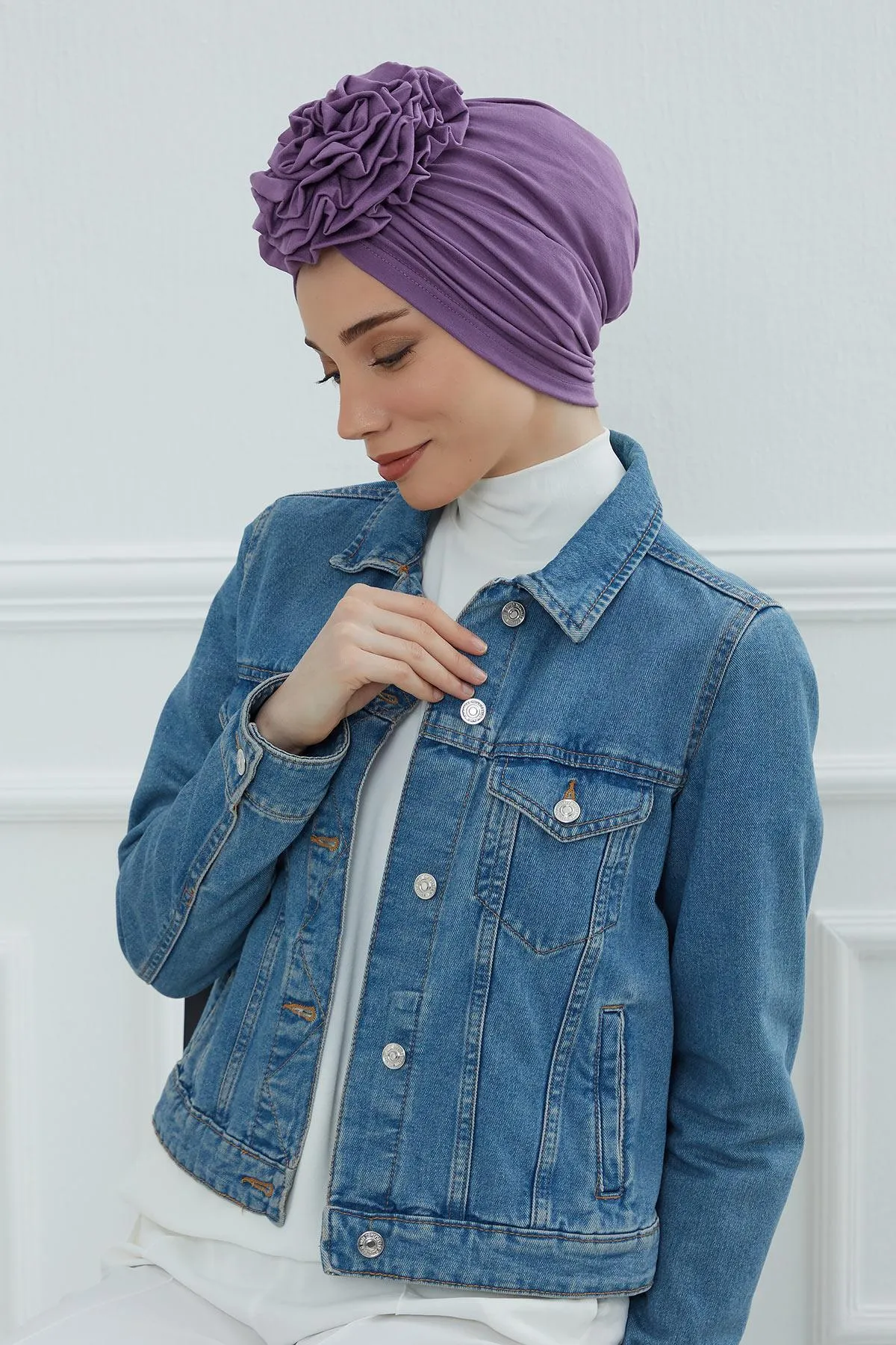 Chic Rose Accent Instant Turban Hijab for Women, Cotton Scarf Chemo Head Wrap, Plain Bonnet Cap with a Beautiful Big Handmade Rose,B-21