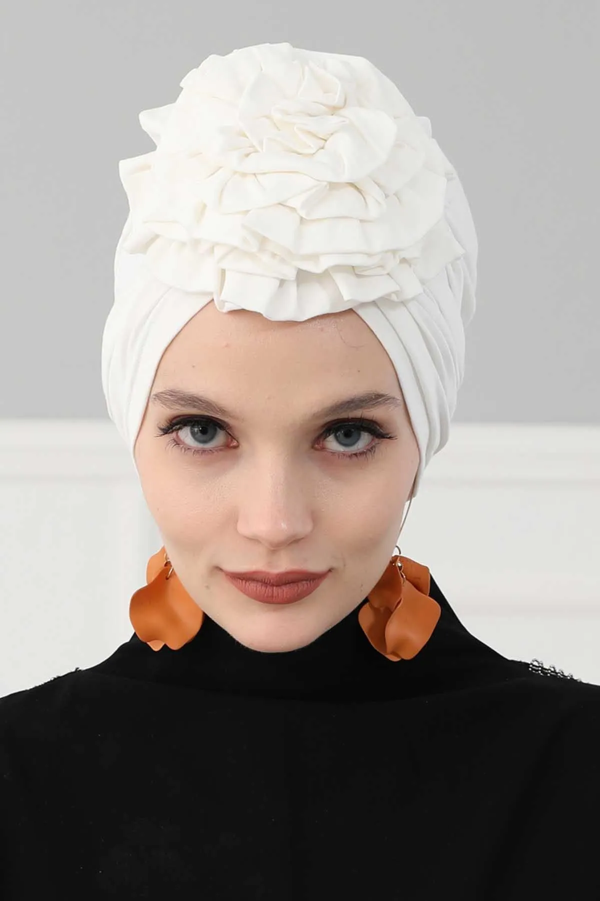 Chic Rose Accent Instant Turban Hijab for Women, Cotton Scarf Chemo Head Wrap, Plain Bonnet Cap with a Beautiful Big Handmade Rose,B-21