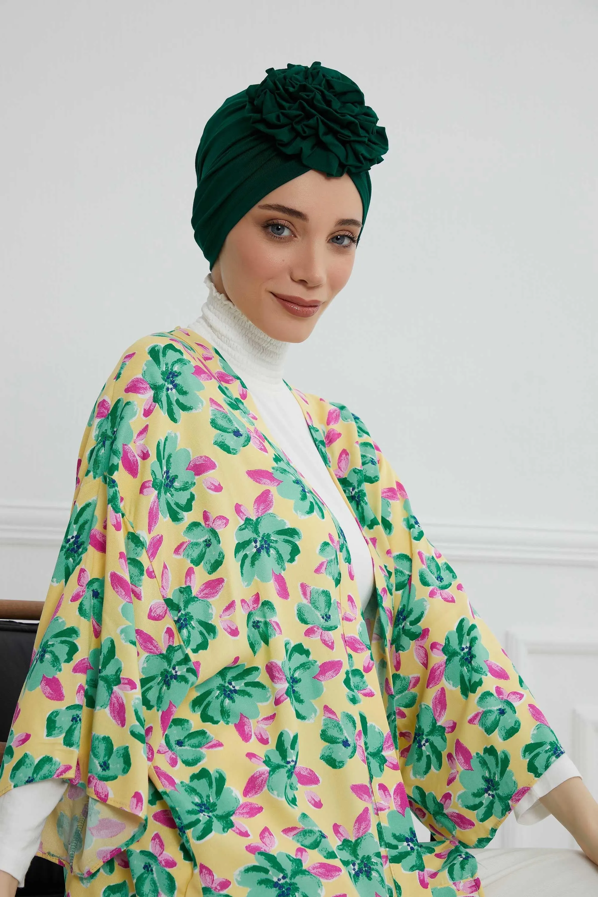 Chic Rose Accent Instant Turban Hijab for Women, Cotton Scarf Chemo Head Wrap, Plain Bonnet Cap with a Beautiful Big Handmade Rose,B-21