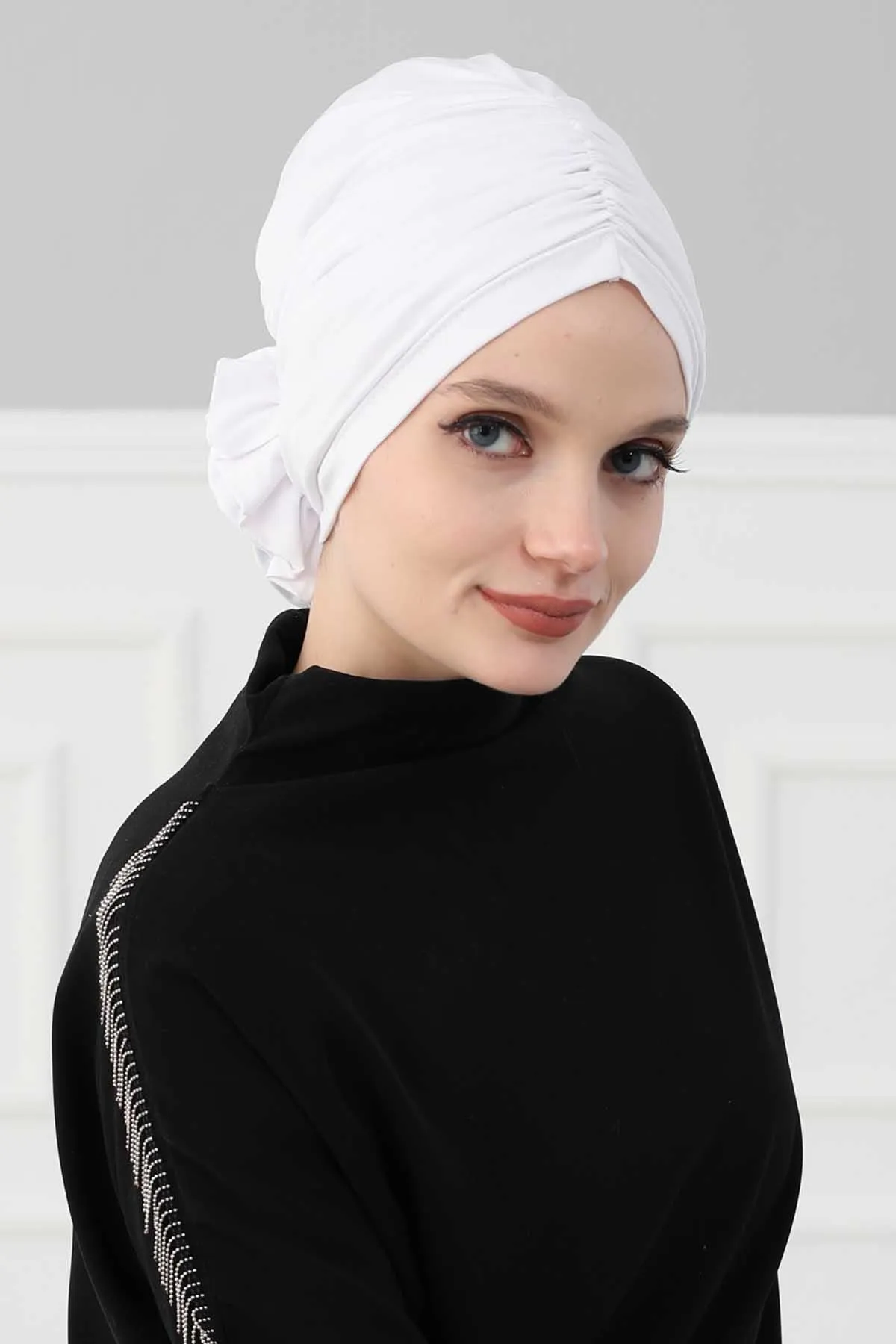 Chic Rose Accent Instant Turban Hijab for Women, Cotton Scarf Chemo Head Wrap, Plain Bonnet Cap with a Beautiful Big Handmade Rose,B-21