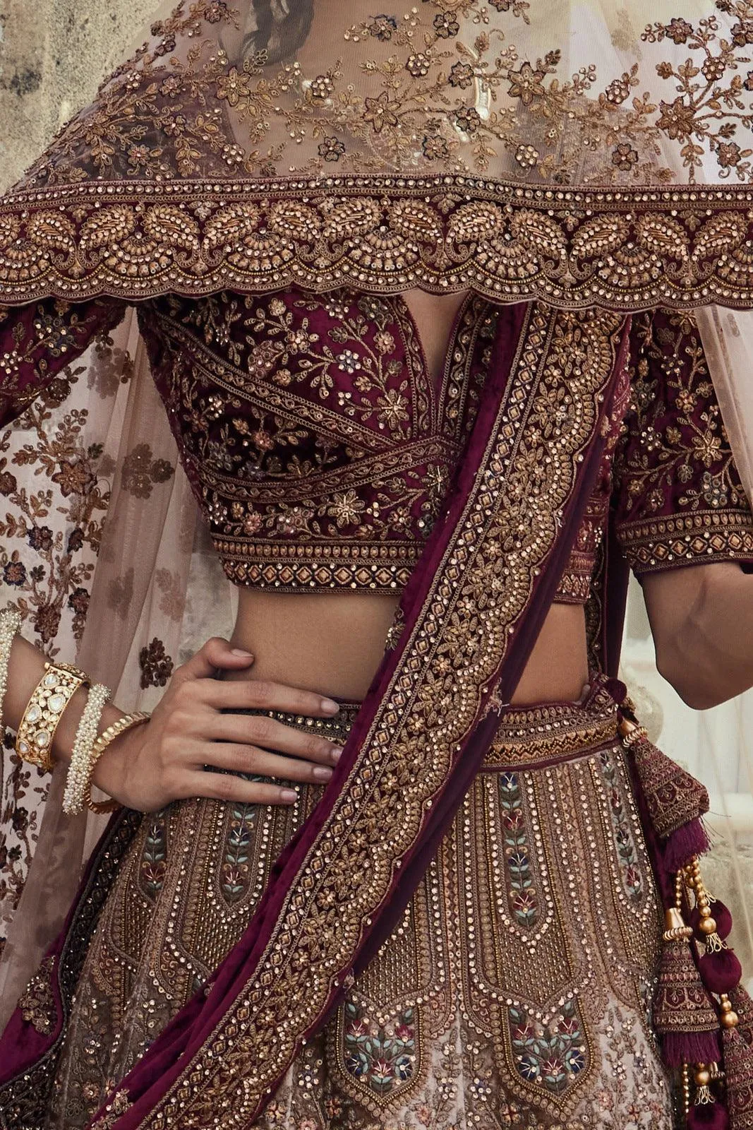 Chiku with Maroon Zardozi and Embroidery work Semi Stitched Designer Bridal Lehenga