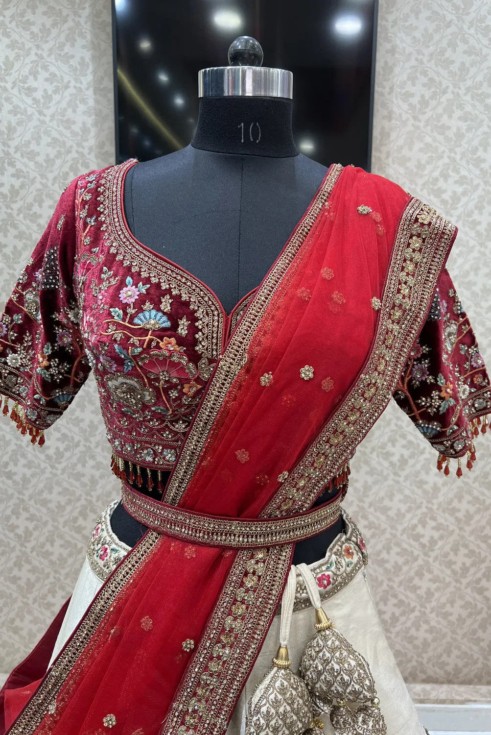 Cream with Maroon Multicolor Embroidery work Crop Top Designer Bridal Lehenga