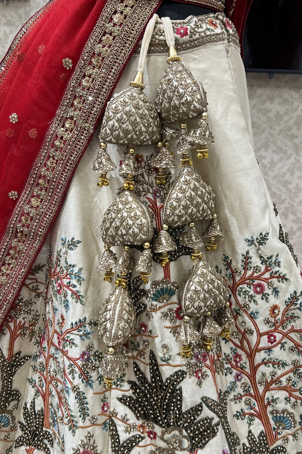 Cream with Maroon Multicolor Embroidery work Crop Top Designer Bridal Lehenga