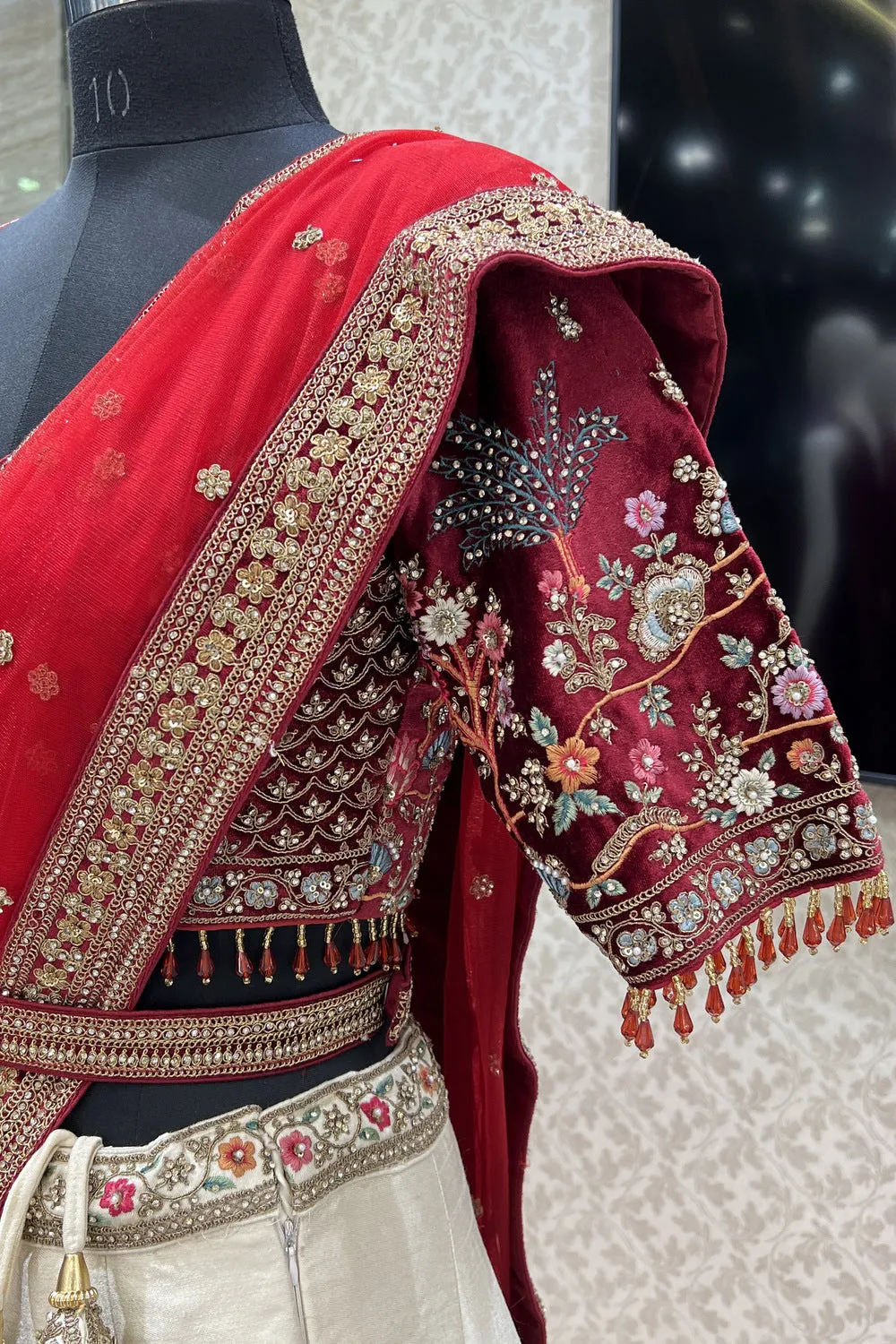 Cream with Maroon Multicolor Embroidery work Crop Top Designer Bridal Lehenga