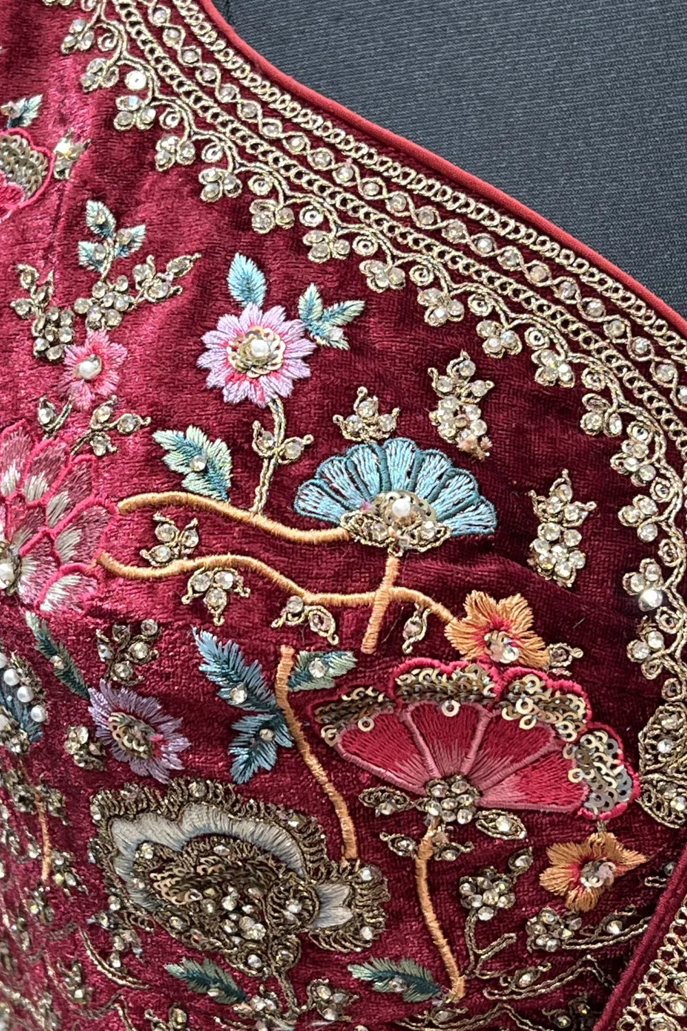 Cream with Maroon Multicolor Embroidery work Crop Top Designer Bridal Lehenga