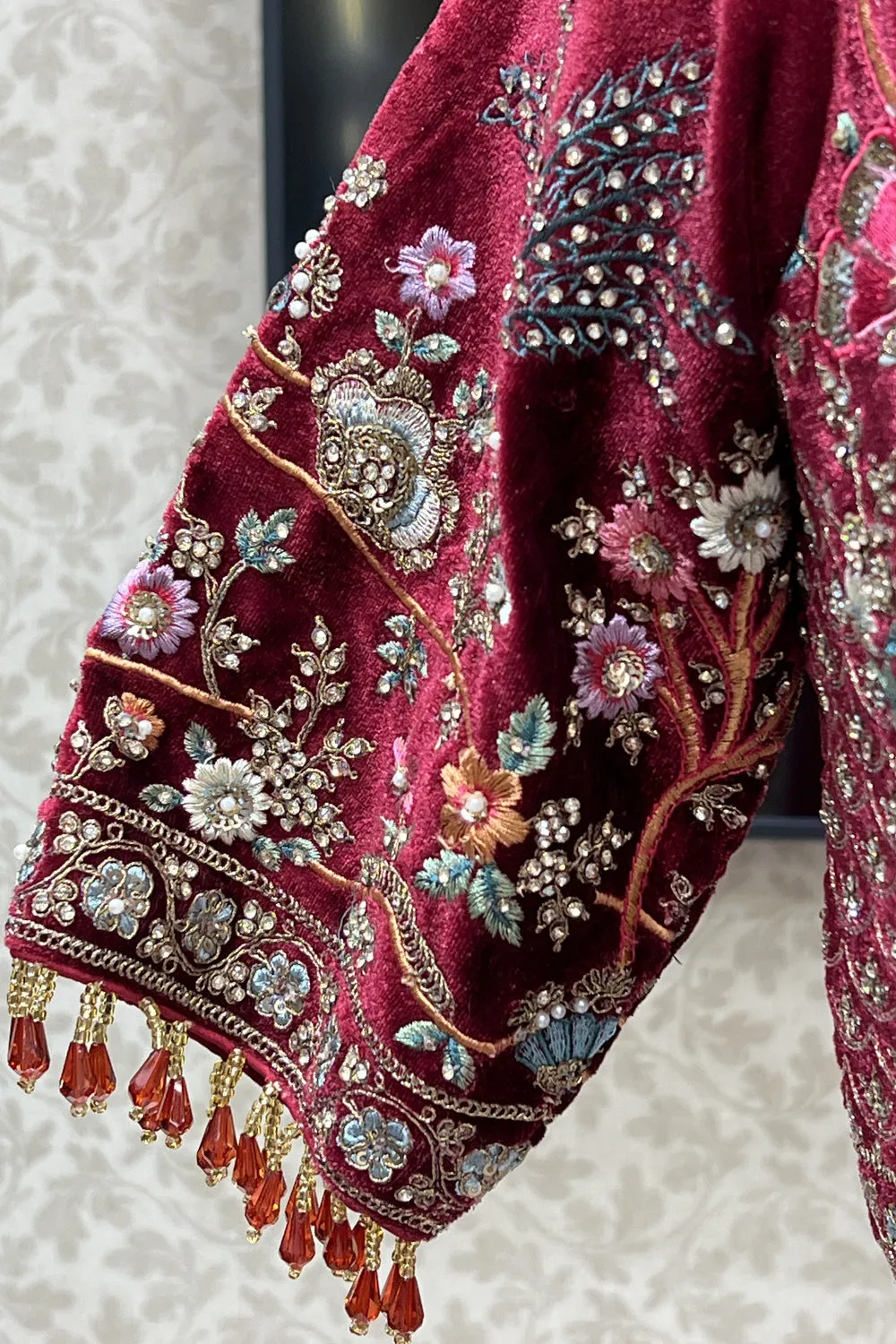 Cream with Maroon Multicolor Embroidery work Crop Top Designer Bridal Lehenga