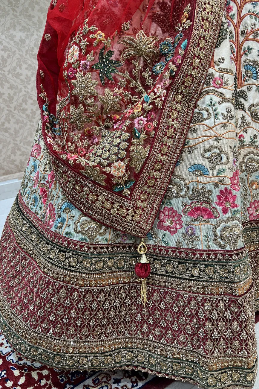 Cream with Maroon Multicolor Embroidery work Crop Top Designer Bridal Lehenga