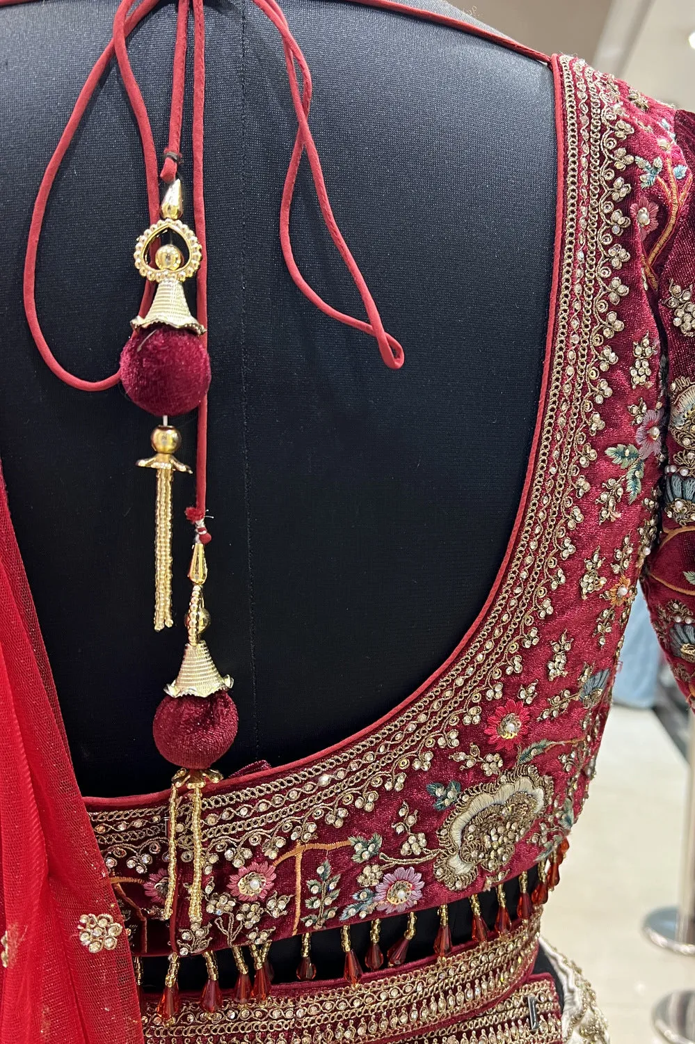 Cream with Maroon Multicolor Embroidery work Crop Top Designer Bridal Lehenga