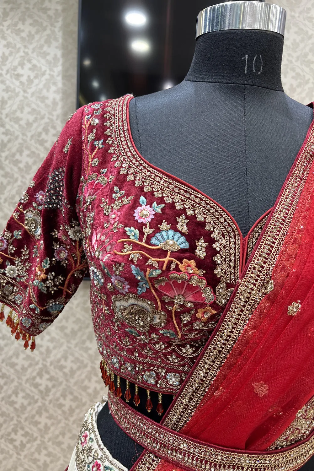 Cream with Maroon Multicolor Embroidery work Crop Top Designer Bridal Lehenga