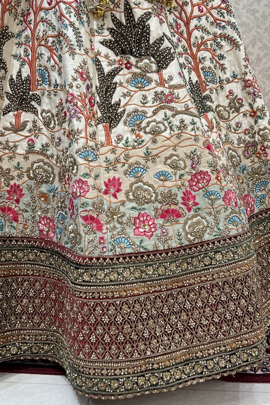 Cream with Maroon Multicolor Embroidery work Crop Top Designer Bridal Lehenga