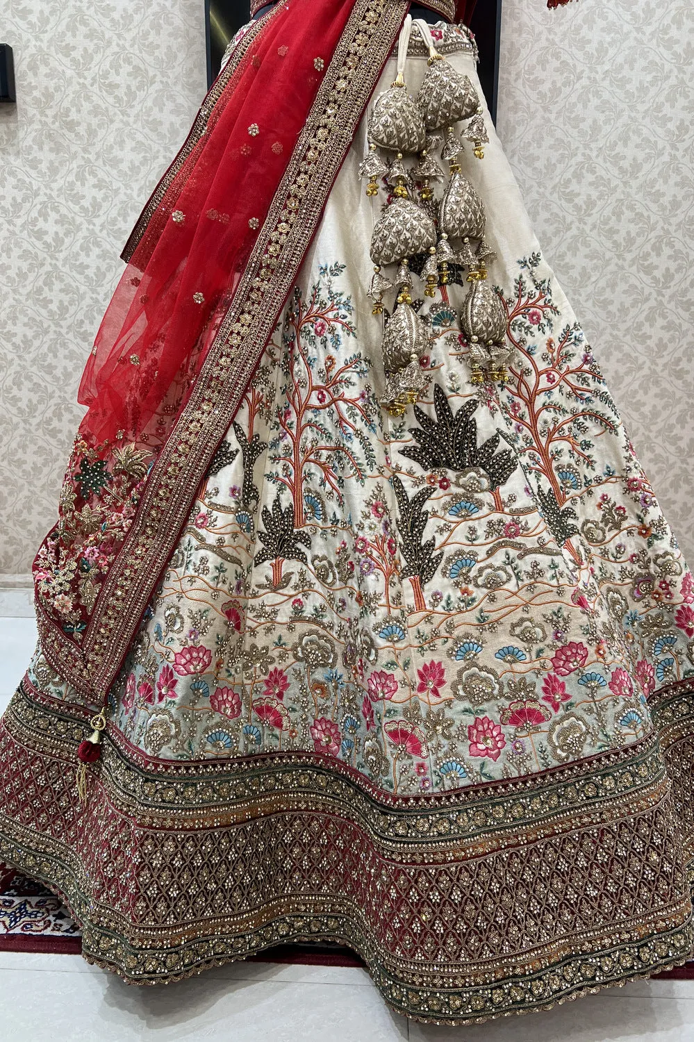 Cream with Maroon Multicolor Embroidery work Crop Top Designer Bridal Lehenga