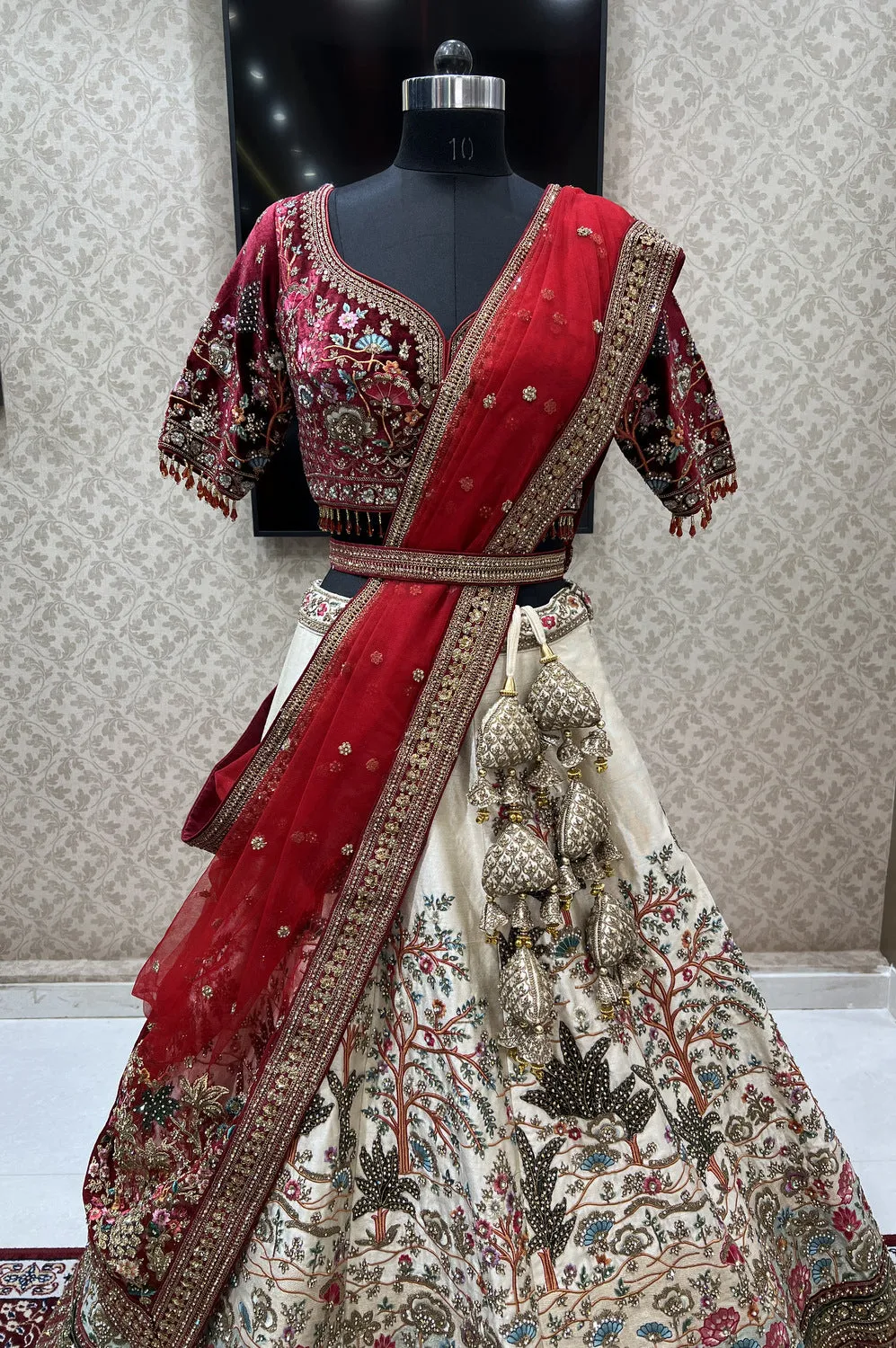Cream with Maroon Multicolor Embroidery work Crop Top Designer Bridal Lehenga