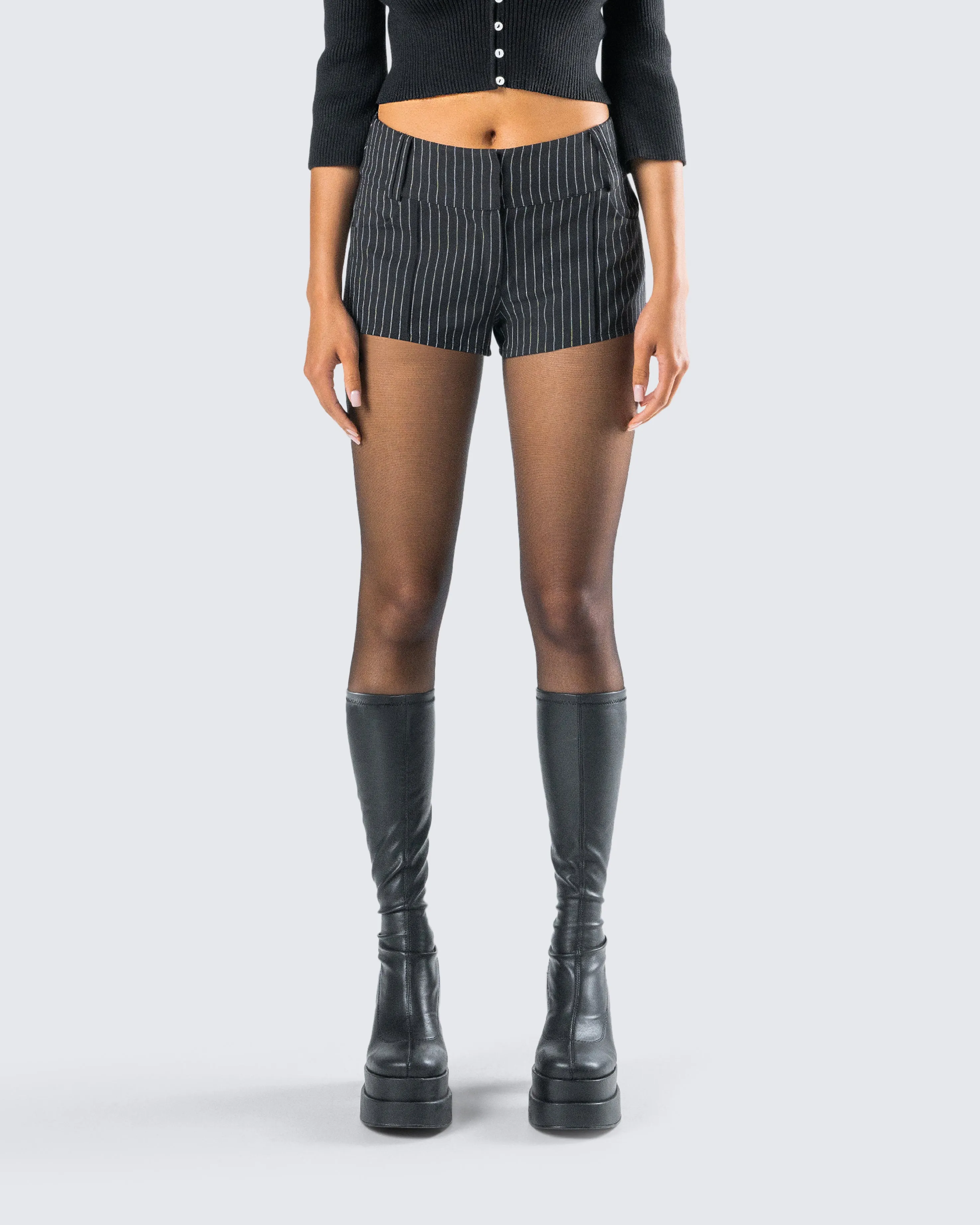 Damla Black Pinstriped Shorts
