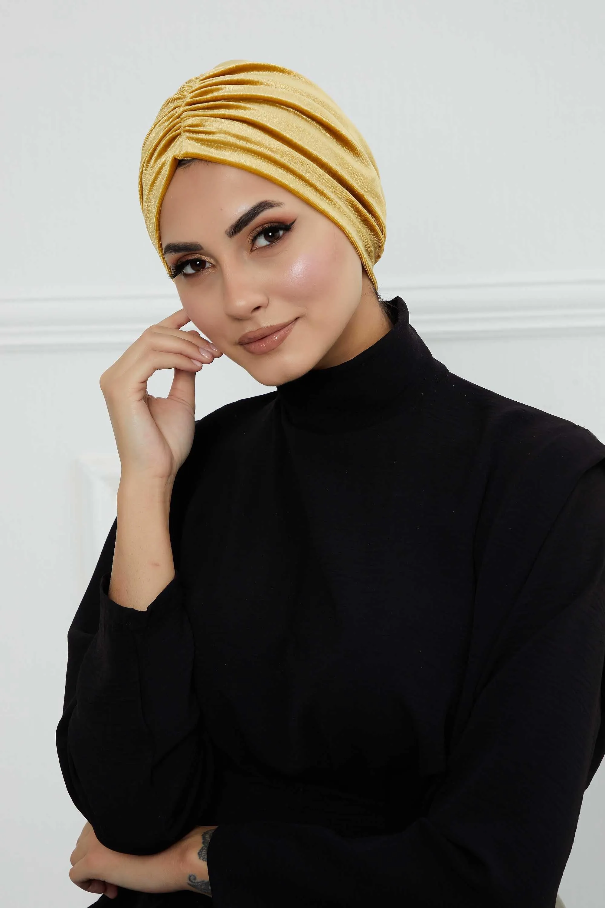 Elegant Velvet Shirred Instant Turban for Women, Luxurious Velour Instant Headwrap, Fashionable Pre-Tied Hijab Turban Cap for Women,B-20K