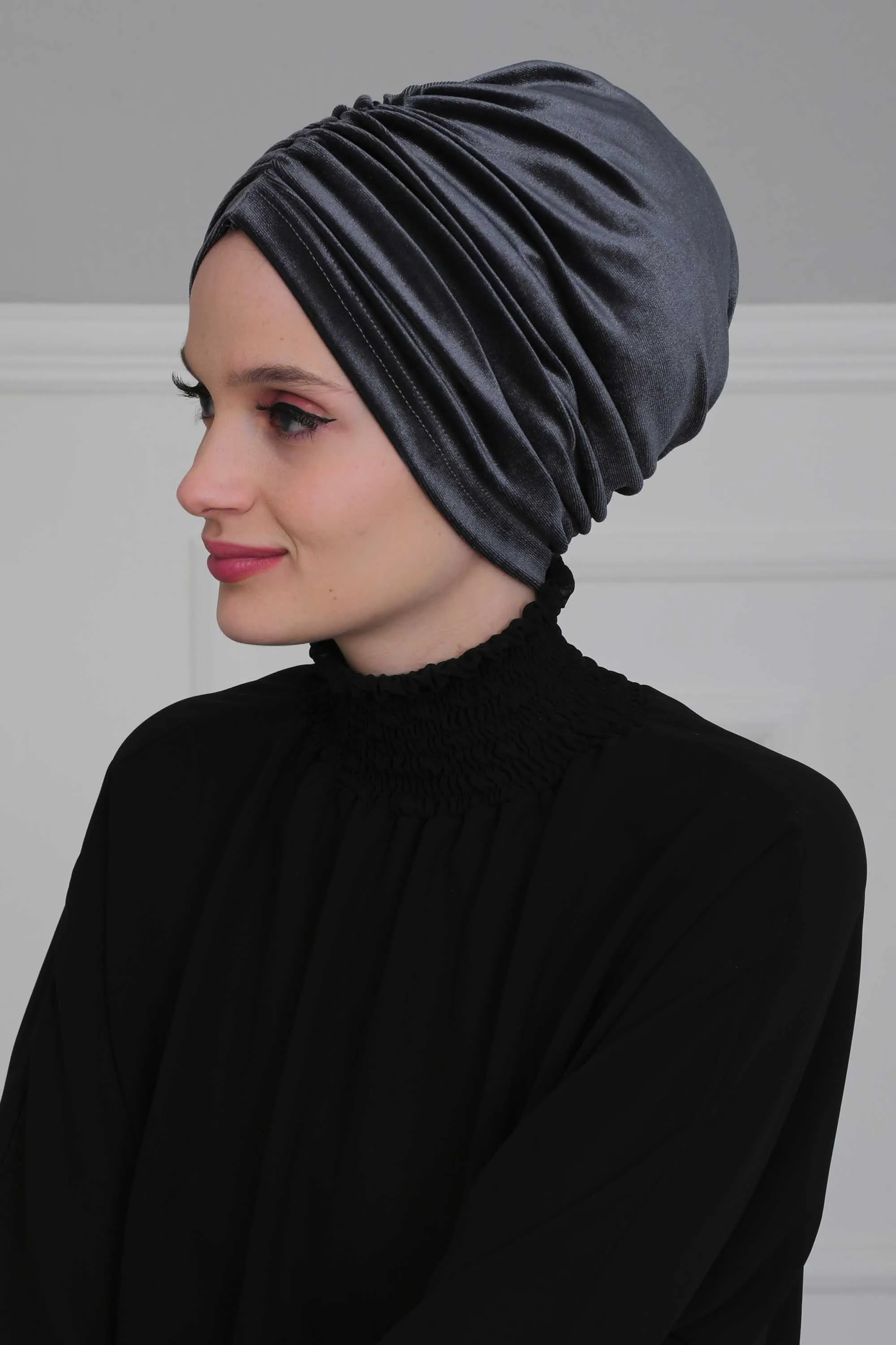 Elegant Velvet Shirred Instant Turban for Women, Luxurious Velour Instant Headwrap, Fashionable Pre-Tied Hijab Turban Cap for Women,B-20K