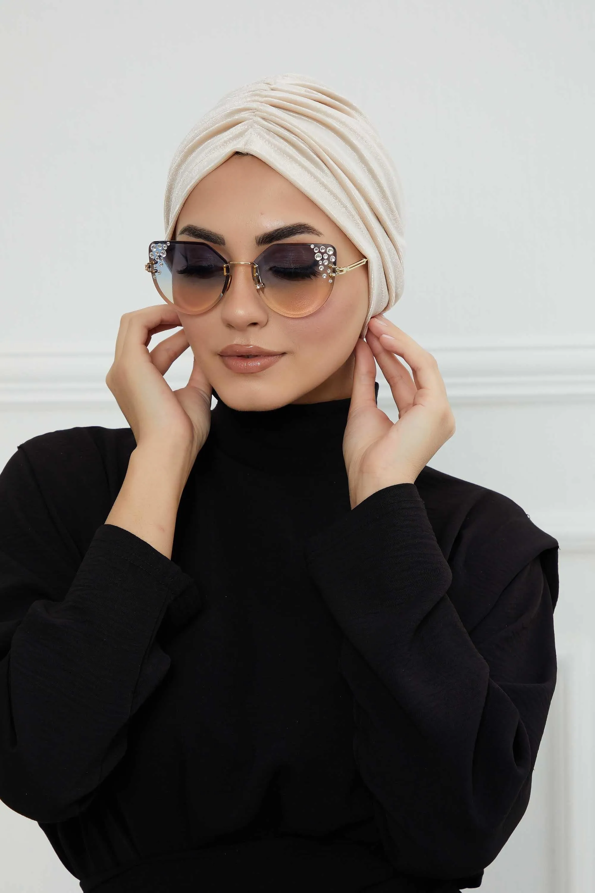 Elegant Velvet Shirred Instant Turban for Women, Luxurious Velour Instant Headwrap, Fashionable Pre-Tied Hijab Turban Cap for Women,B-20K
