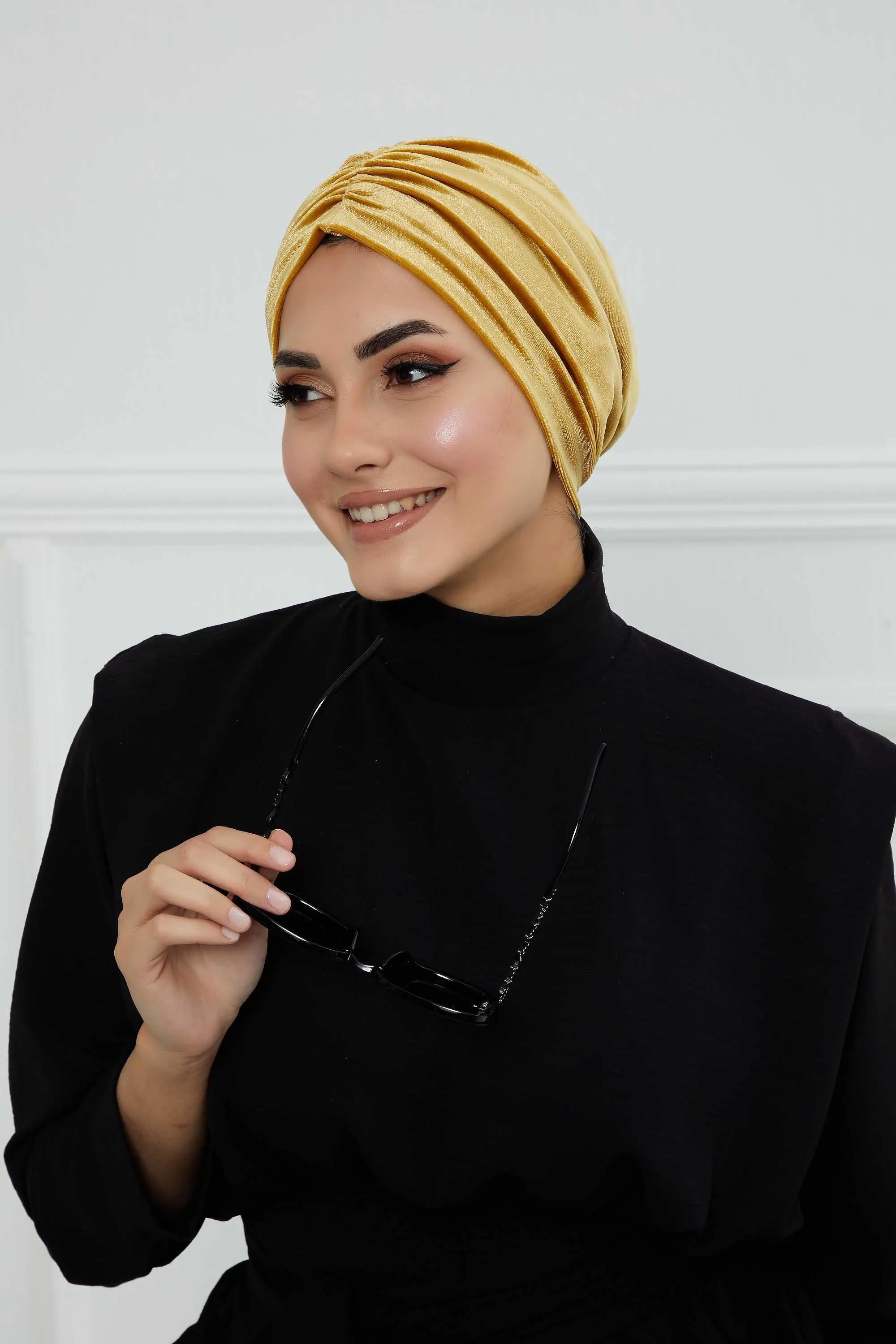 Elegant Velvet Shirred Instant Turban for Women, Luxurious Velour Instant Headwrap, Fashionable Pre-Tied Hijab Turban Cap for Women,B-20K