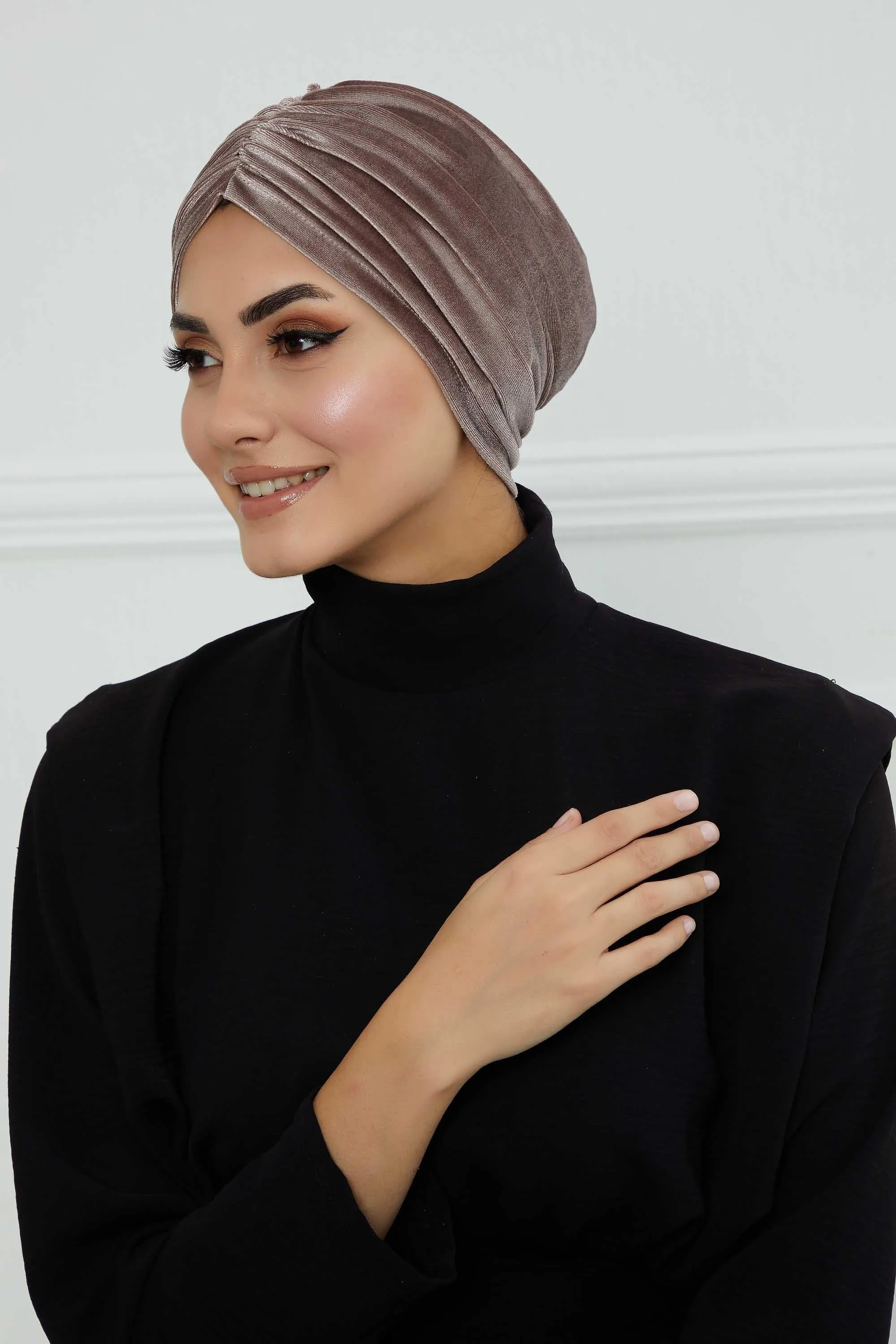 Elegant Velvet Shirred Instant Turban for Women, Luxurious Velour Instant Headwrap, Fashionable Pre-Tied Hijab Turban Cap for Women,B-20K