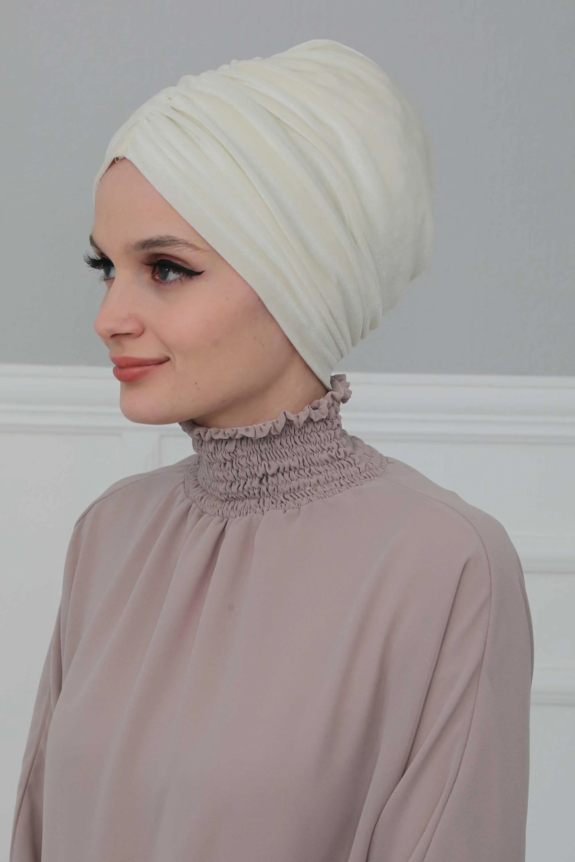 Elegant Velvet Shirred Instant Turban for Women, Luxurious Velour Instant Headwrap, Fashionable Pre-Tied Hijab Turban Cap for Women,B-20K