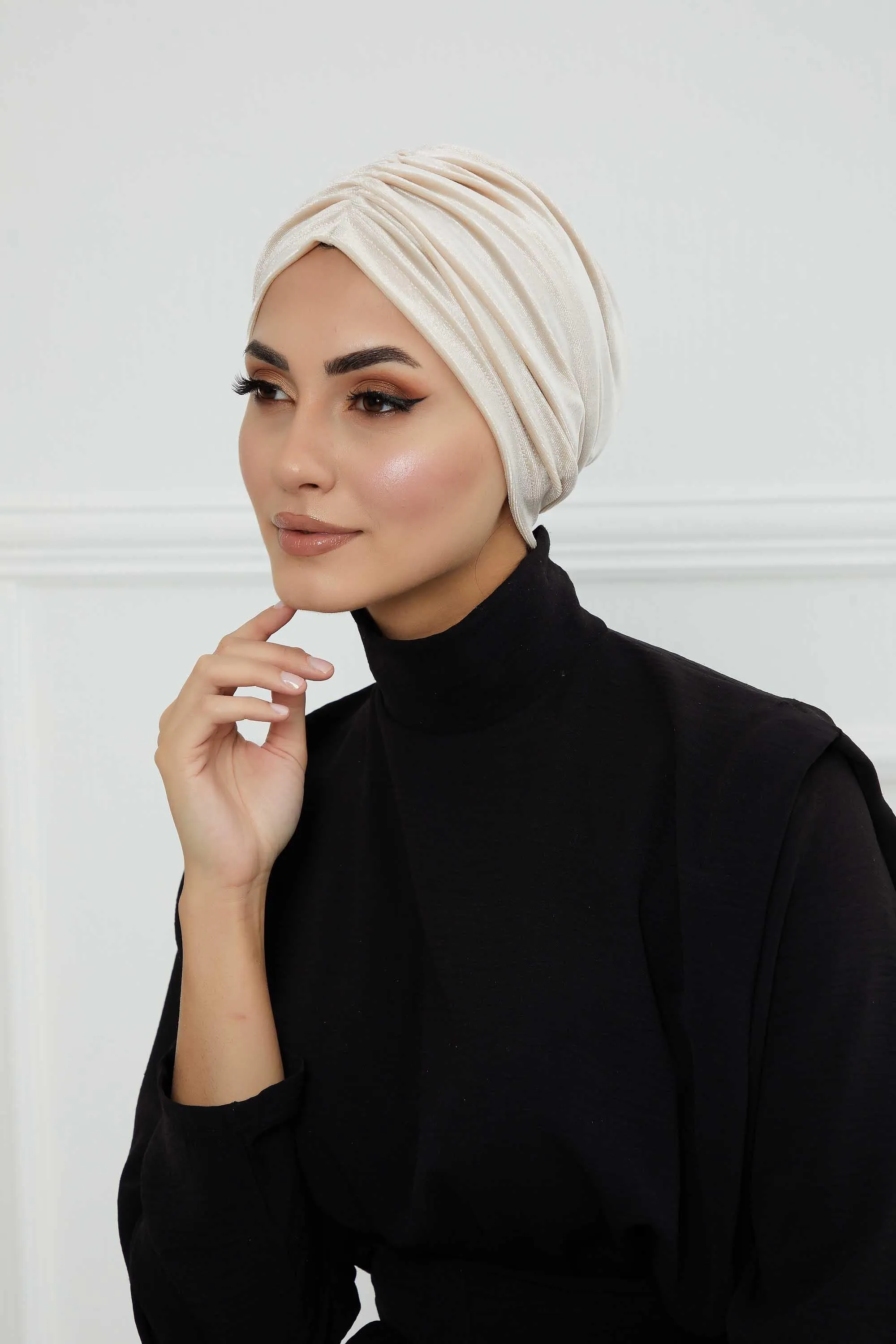 Elegant Velvet Shirred Instant Turban for Women, Luxurious Velour Instant Headwrap, Fashionable Pre-Tied Hijab Turban Cap for Women,B-20K