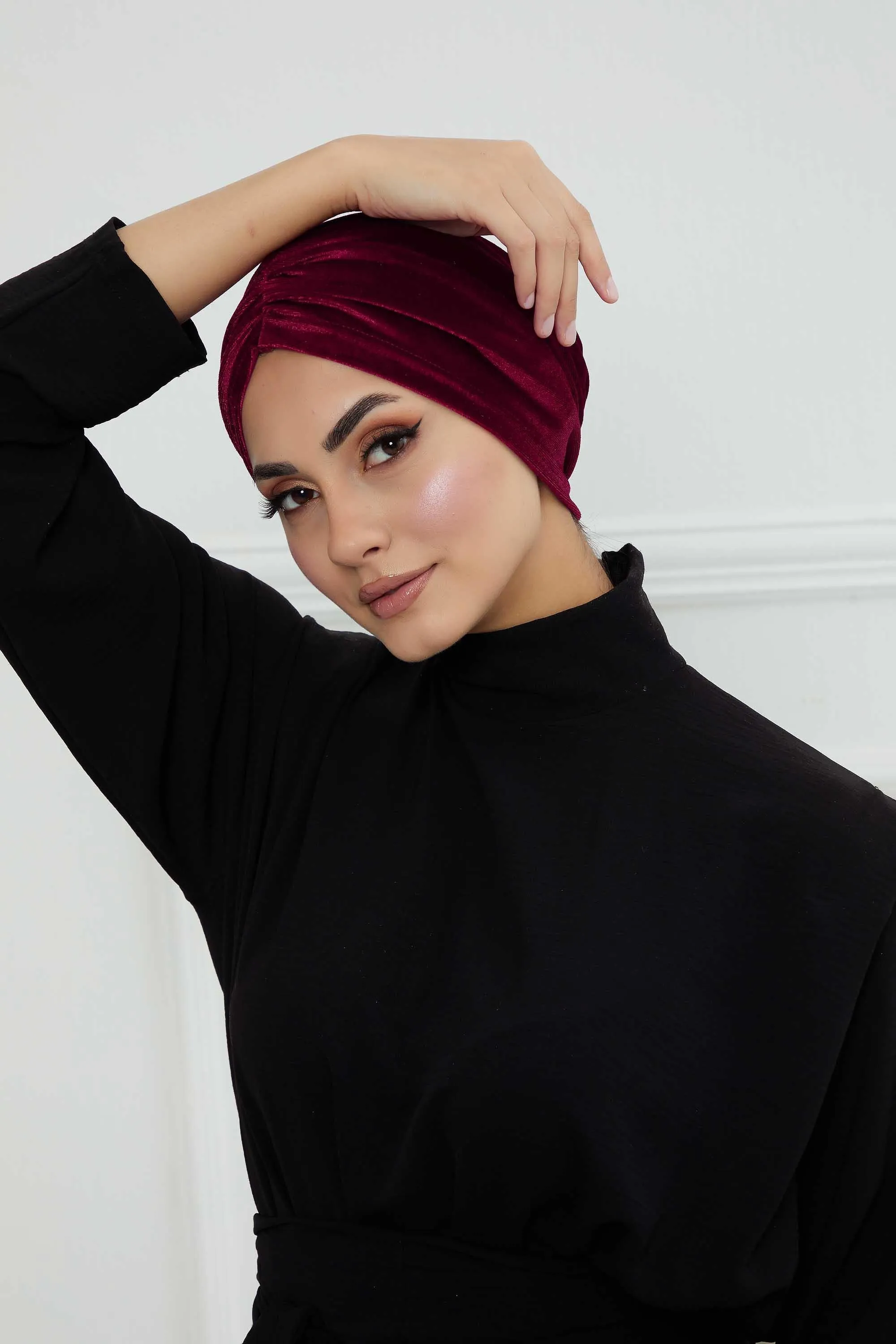 Elegant Velvet Shirred Instant Turban for Women, Luxurious Velour Instant Headwrap, Fashionable Pre-Tied Hijab Turban Cap for Women,B-20K