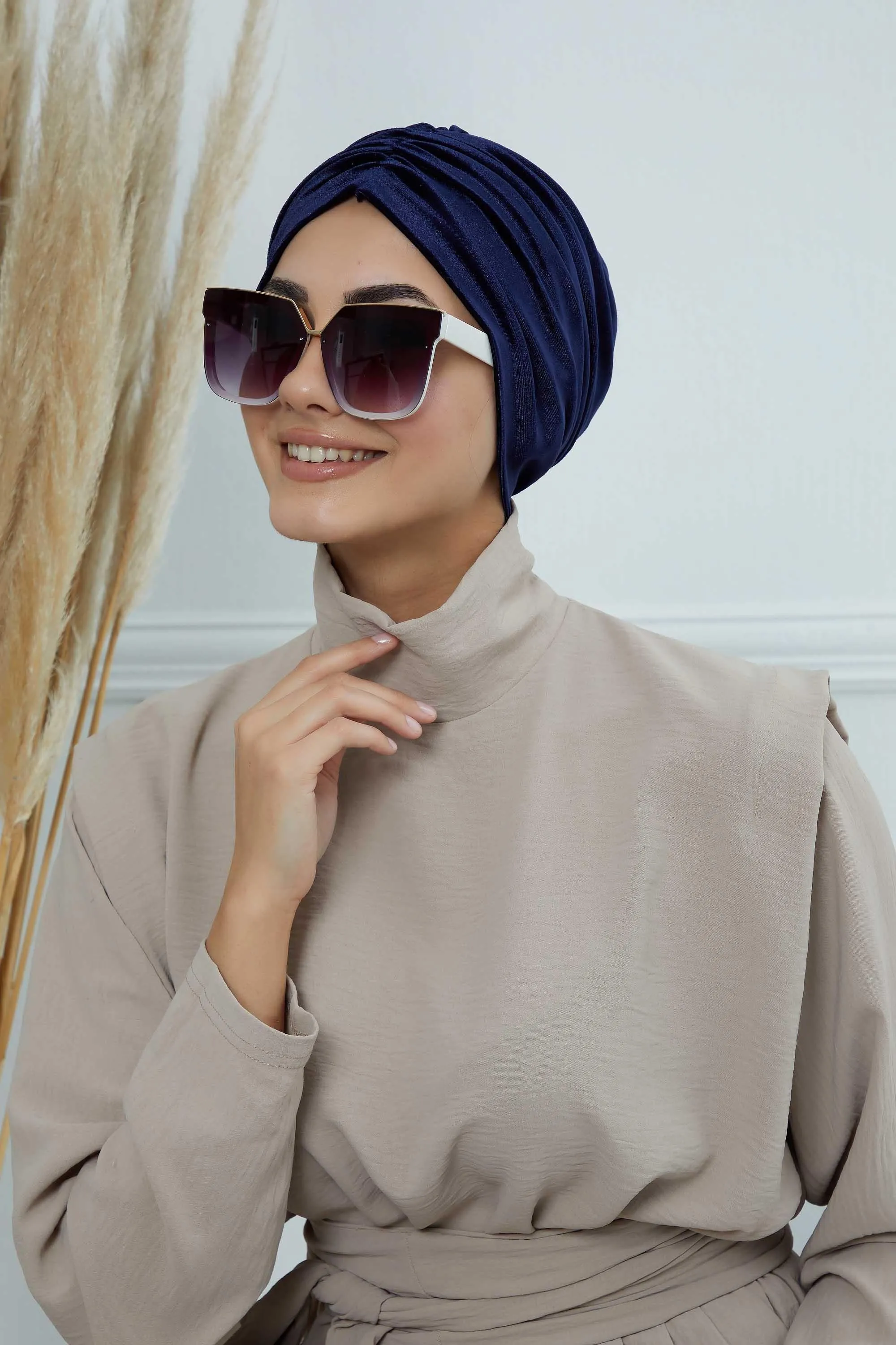 Elegant Velvet Shirred Instant Turban for Women, Luxurious Velour Instant Headwrap, Fashionable Pre-Tied Hijab Turban Cap for Women,B-20K