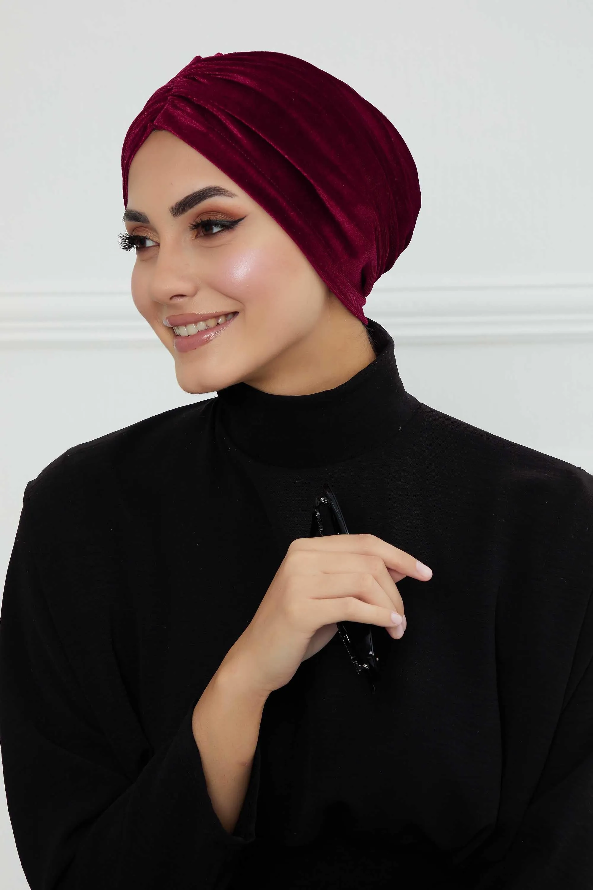 Elegant Velvet Shirred Instant Turban for Women, Luxurious Velour Instant Headwrap, Fashionable Pre-Tied Hijab Turban Cap for Women,B-20K