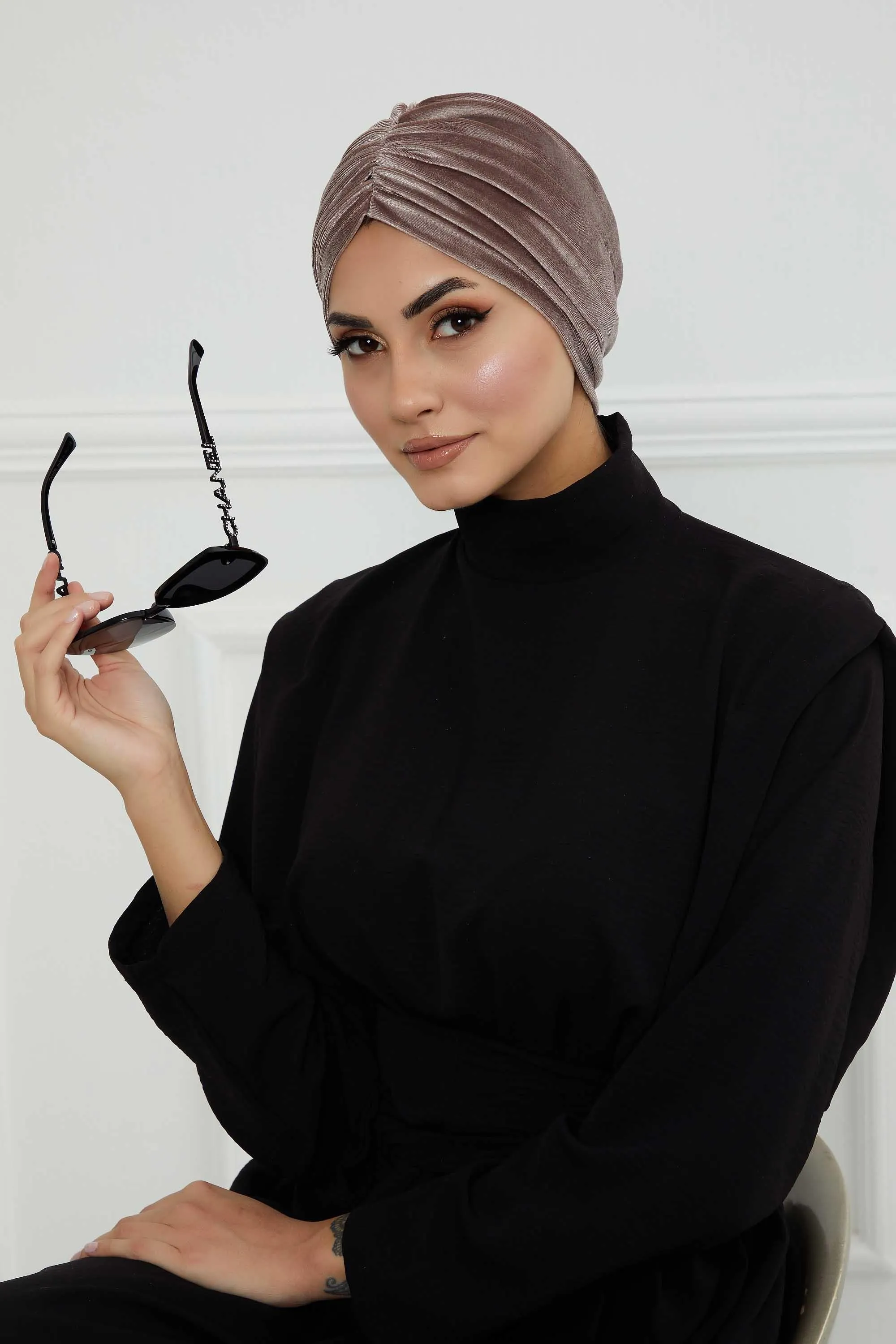 Elegant Velvet Shirred Instant Turban for Women, Luxurious Velour Instant Headwrap, Fashionable Pre-Tied Hijab Turban Cap for Women,B-20K