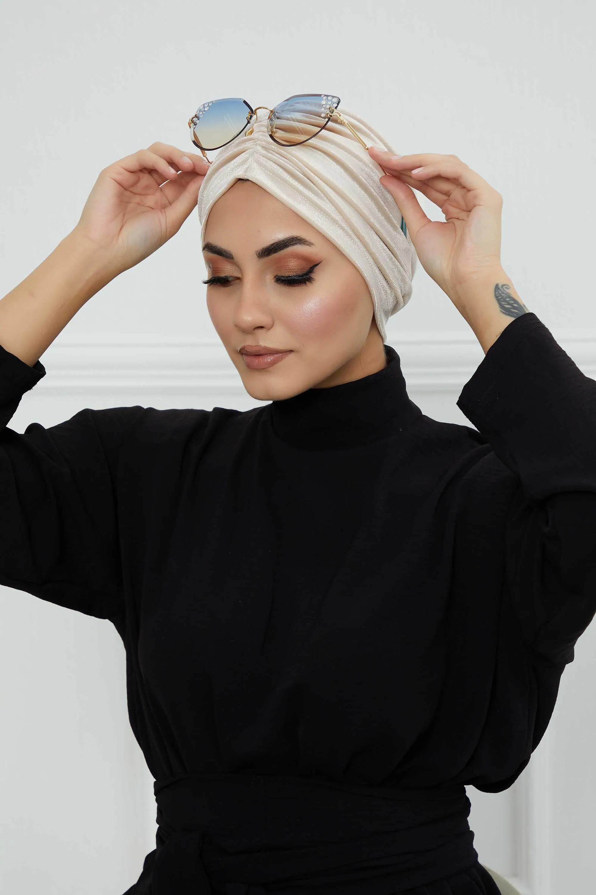 Elegant Velvet Shirred Instant Turban for Women, Luxurious Velour Instant Headwrap, Fashionable Pre-Tied Hijab Turban Cap for Women,B-20K