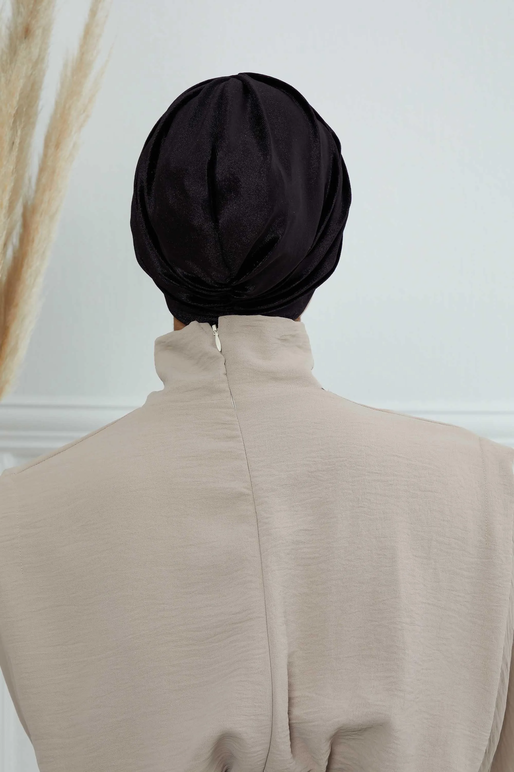 Elegant Velvet Shirred Instant Turban for Women, Luxurious Velour Instant Headwrap, Fashionable Pre-Tied Hijab Turban Cap for Women,B-20K