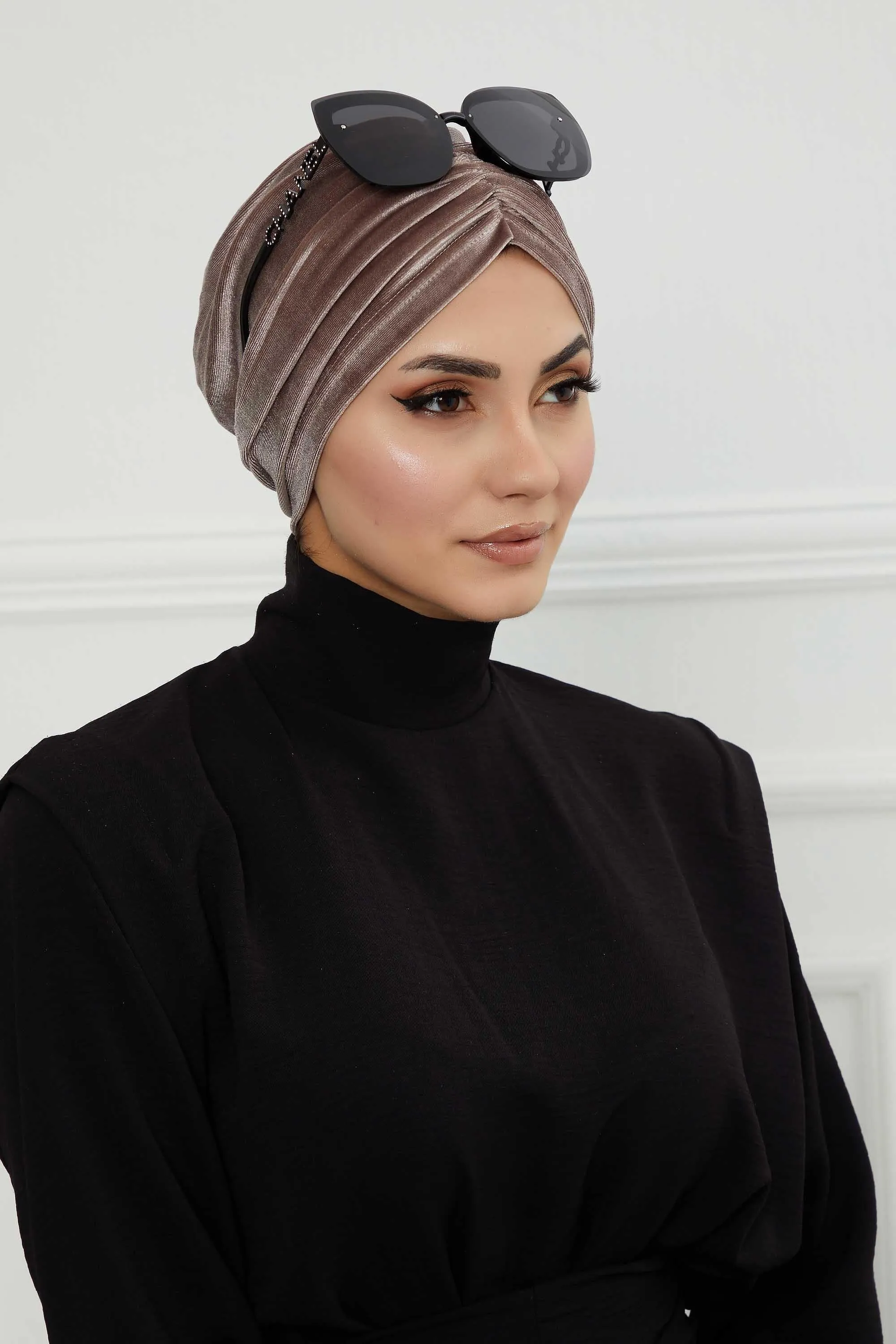 Elegant Velvet Shirred Instant Turban for Women, Luxurious Velour Instant Headwrap, Fashionable Pre-Tied Hijab Turban Cap for Women,B-20K