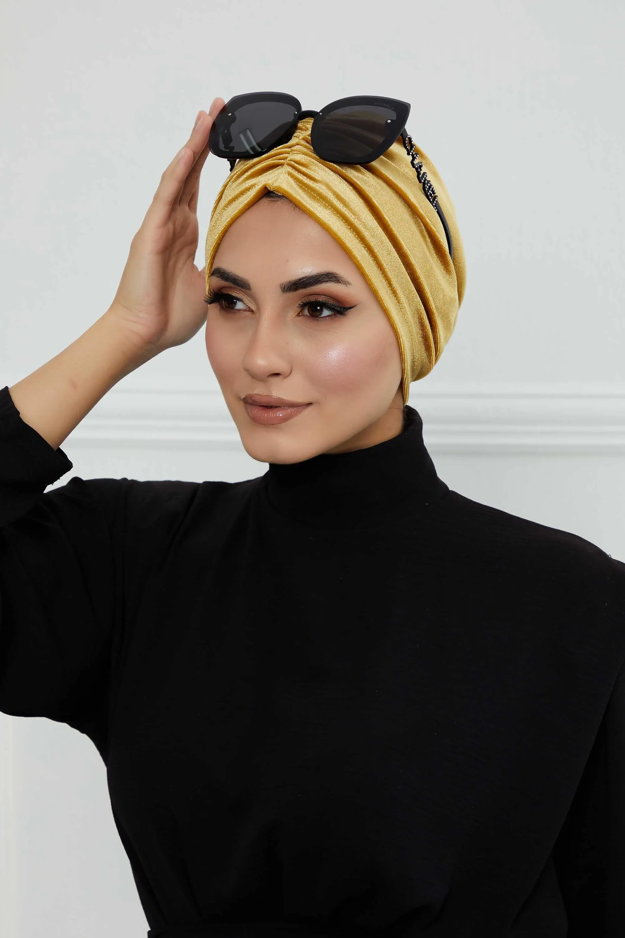 Elegant Velvet Shirred Instant Turban for Women, Luxurious Velour Instant Headwrap, Fashionable Pre-Tied Hijab Turban Cap for Women,B-20K