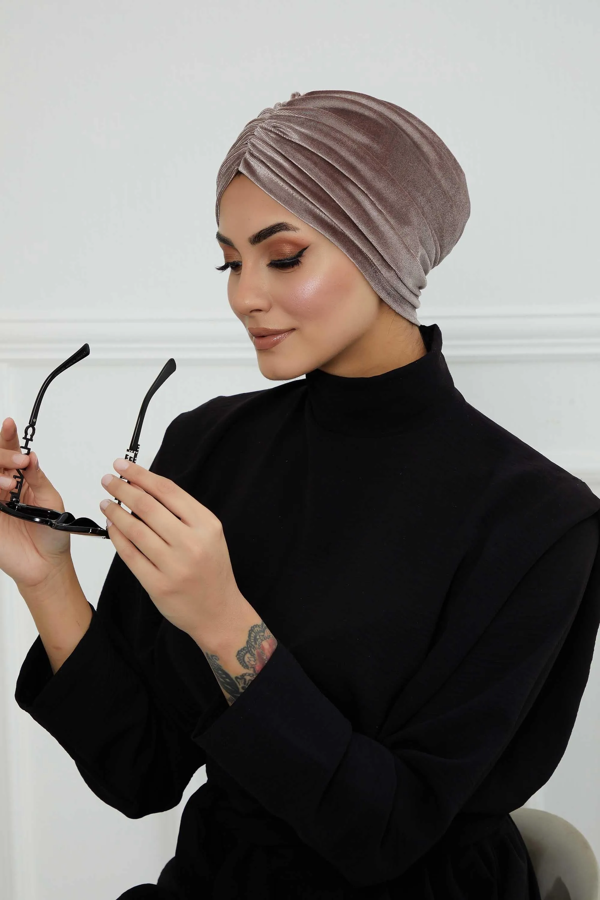 Elegant Velvet Shirred Instant Turban for Women, Luxurious Velour Instant Headwrap, Fashionable Pre-Tied Hijab Turban Cap for Women,B-20K