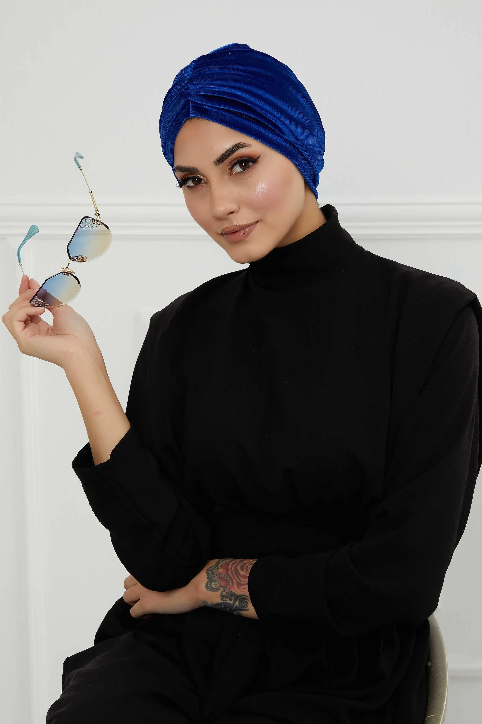 Elegant Velvet Shirred Instant Turban for Women, Luxurious Velour Instant Headwrap, Fashionable Pre-Tied Hijab Turban Cap for Women,B-20K