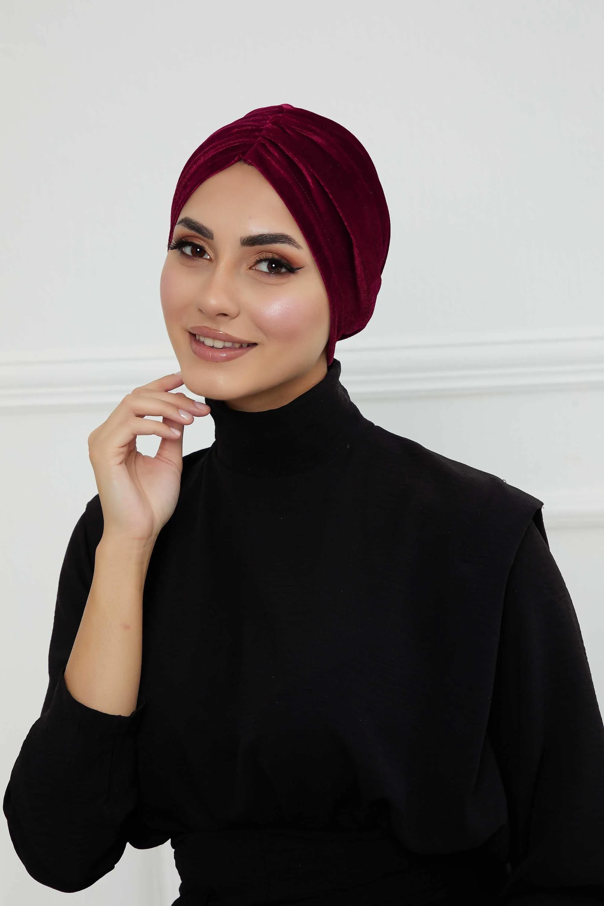 Elegant Velvet Shirred Instant Turban for Women, Luxurious Velour Instant Headwrap, Fashionable Pre-Tied Hijab Turban Cap for Women,B-20K