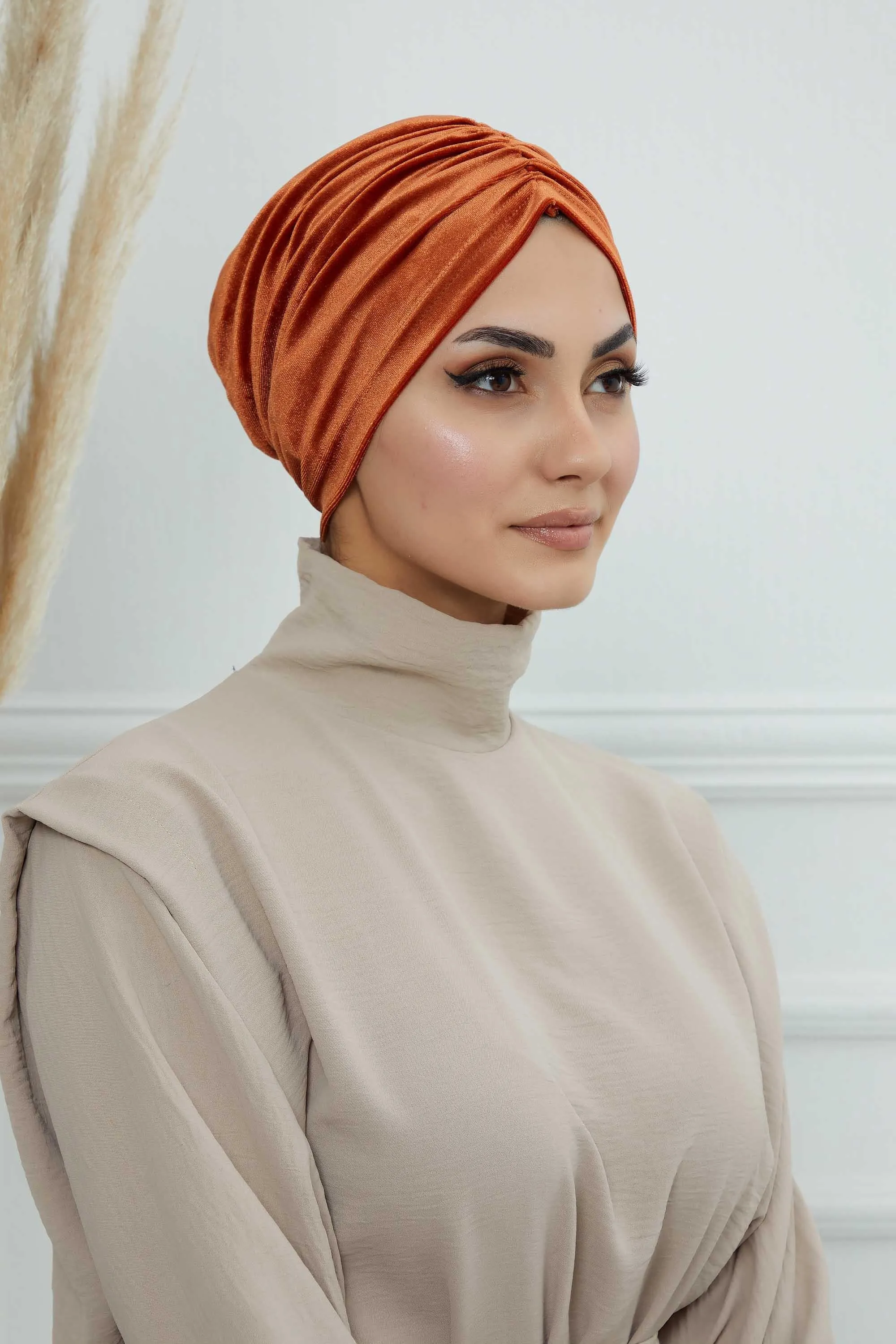 Elegant Velvet Shirred Instant Turban for Women, Luxurious Velour Instant Headwrap, Fashionable Pre-Tied Hijab Turban Cap for Women,B-20K