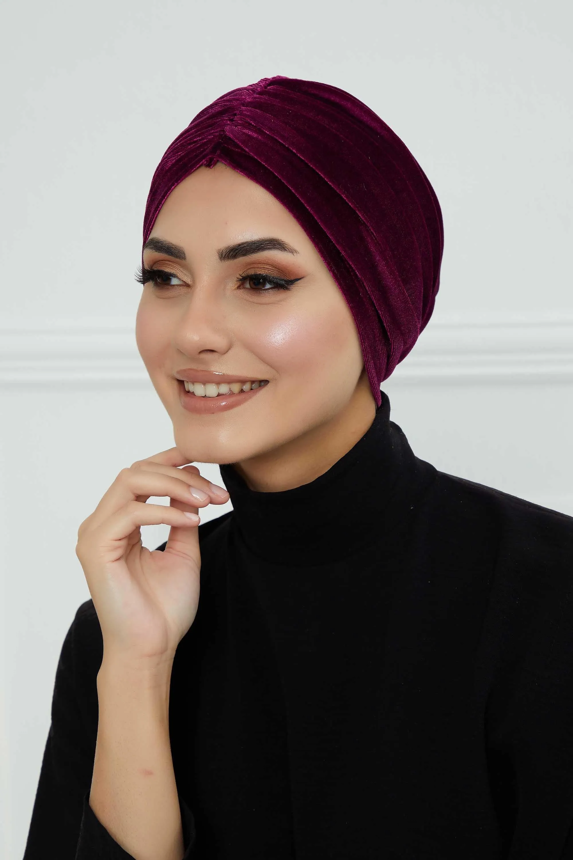 Elegant Velvet Shirred Instant Turban for Women, Luxurious Velour Instant Headwrap, Fashionable Pre-Tied Hijab Turban Cap for Women,B-20K