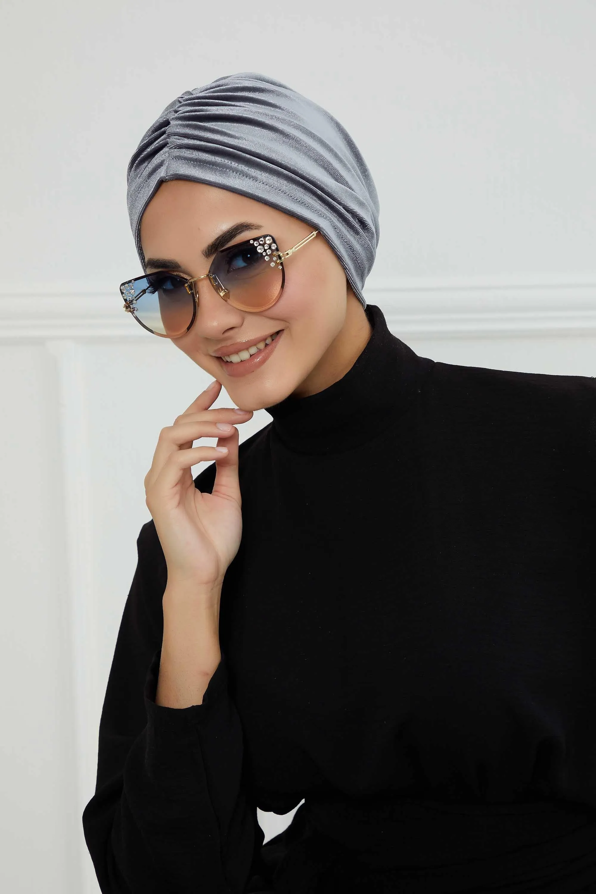 Elegant Velvet Shirred Instant Turban for Women, Luxurious Velour Instant Headwrap, Fashionable Pre-Tied Hijab Turban Cap for Women,B-20K