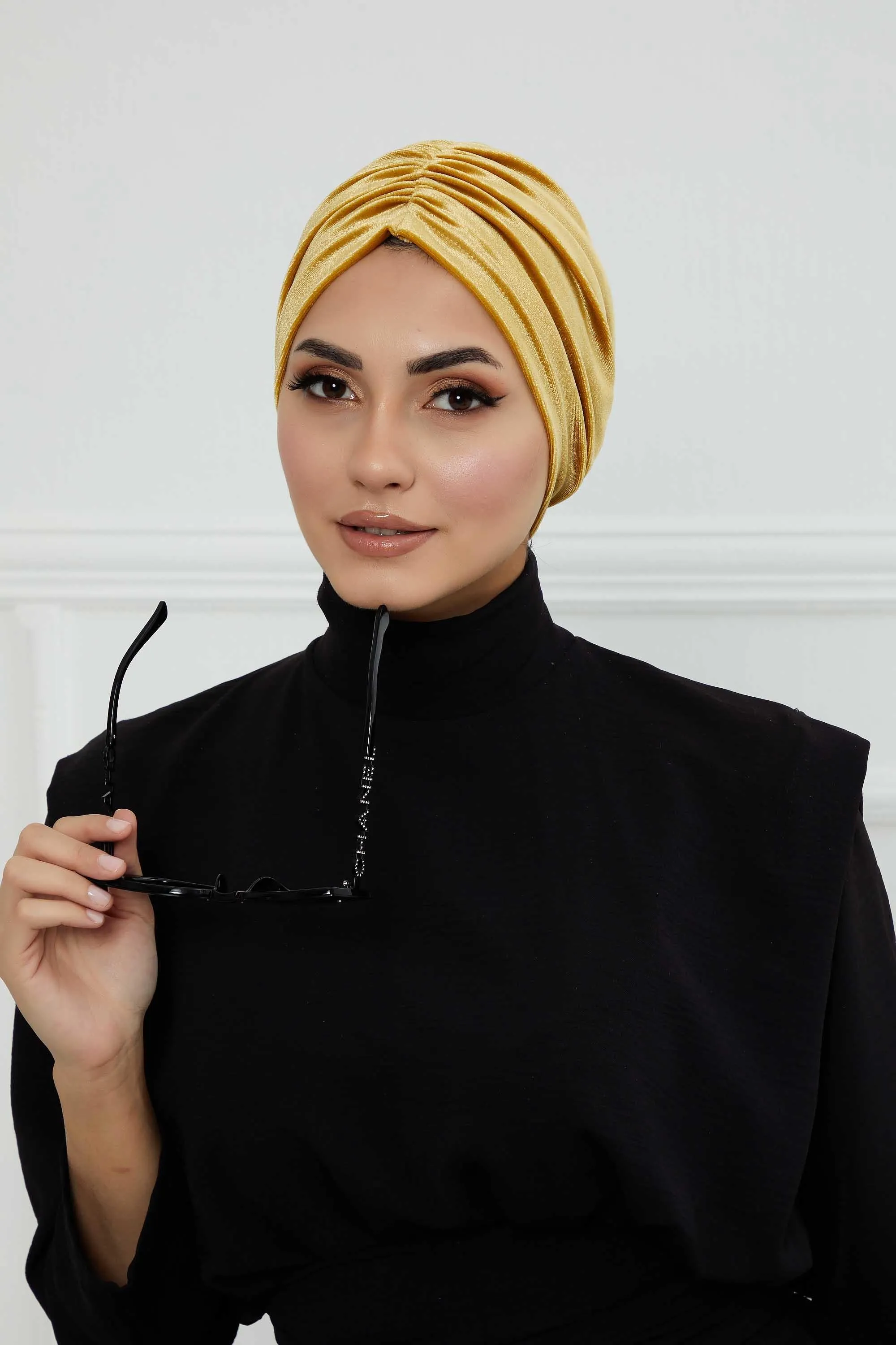 Elegant Velvet Shirred Instant Turban for Women, Luxurious Velour Instant Headwrap, Fashionable Pre-Tied Hijab Turban Cap for Women,B-20K