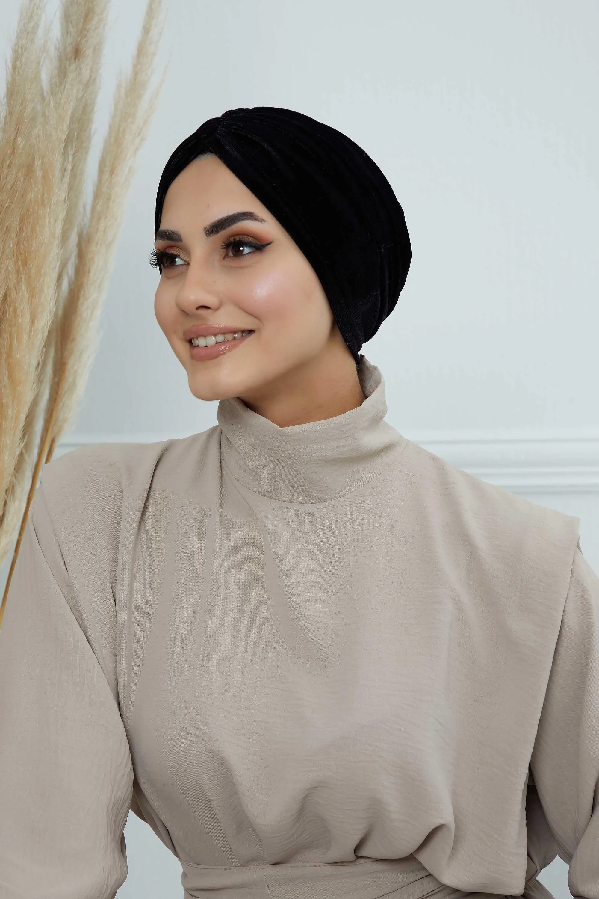 Elegant Velvet Shirred Instant Turban for Women, Luxurious Velour Instant Headwrap, Fashionable Pre-Tied Hijab Turban Cap for Women,B-20K